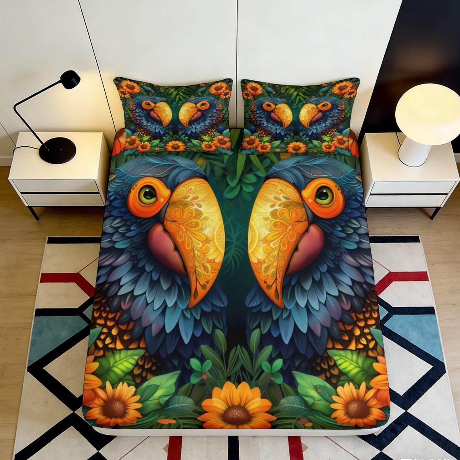 Pnayamiorkfel Style-10 3D Printed Colorful Parrot Fitted Sheet Microfiber Sunflower Bed Cover For Bedroom Guest Room Dorm Decorative Easy Care 90X200x25cm