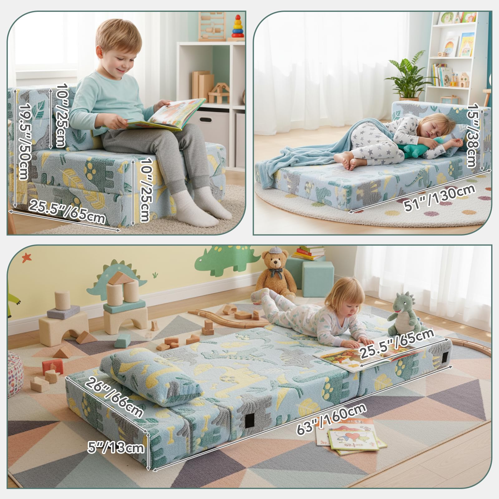 Canapé-lit pour enfants, matelas de sol phosphorescent, canapé modulaire bleu pour bébé, canapé pliable pour enfants, futon convertible, matelas pliable pour salle de jeux, dinosaure vert