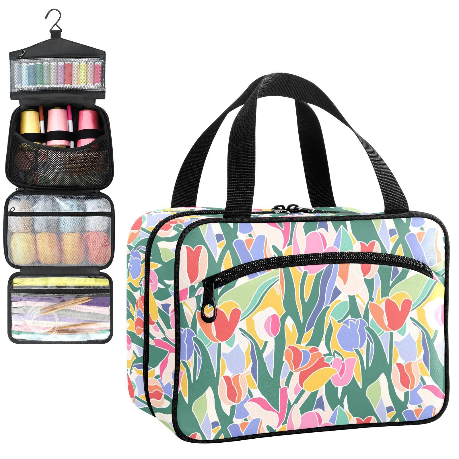 YNNALE Sewing Supply Organizer Bag, Multicolor Tulip Flower Colorful Floral Portable Sewing Bags with Pockets&Hanger, Sewing Storage Box Case for Sew Supplies/Kit/Tools/Accessories (BAG ONLY)