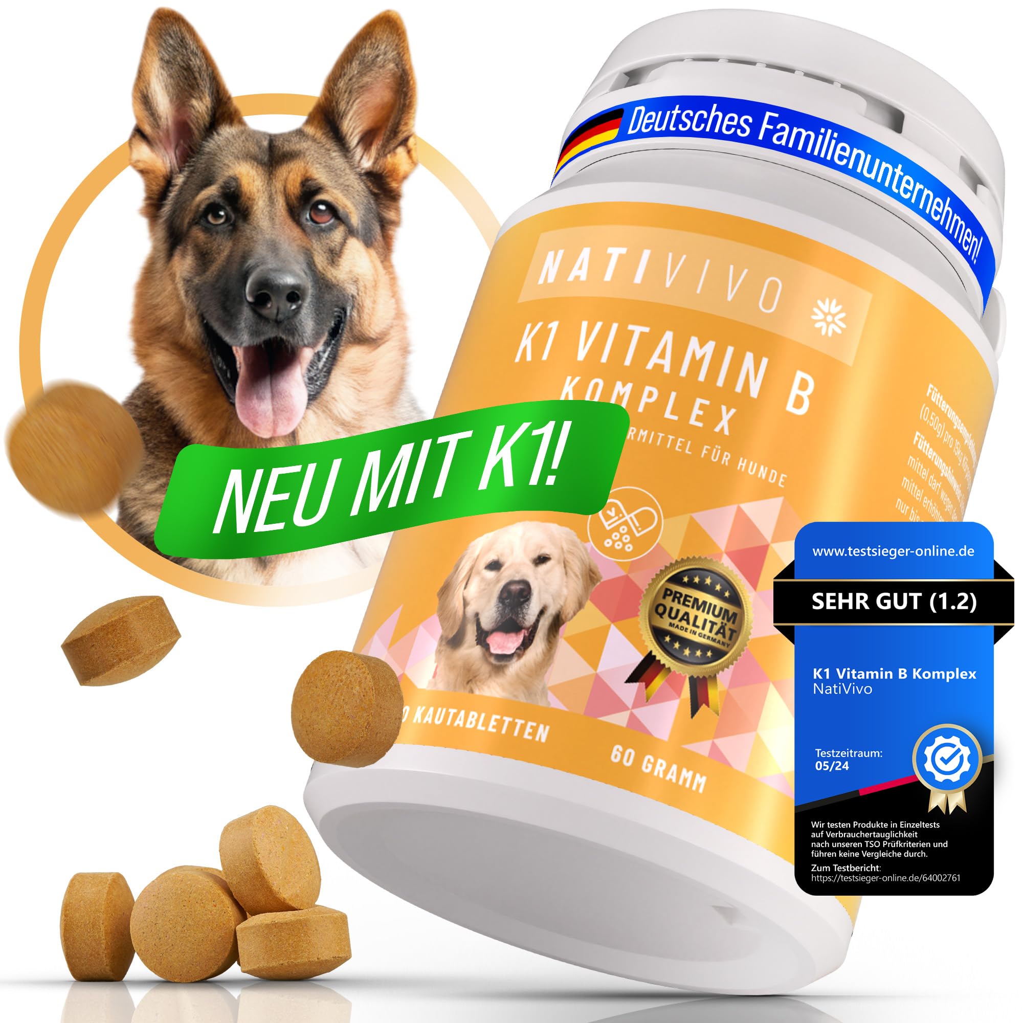 NatiVivo K1 Vitamin B Komplex Hund – hochdosierte Hunde Vitamine mit Vitamin B1, B12 & Folsäure Vitamine für Grosse Hunde > 15 kg 120 Premium Tabletten Nicht teilbar Made in Germany