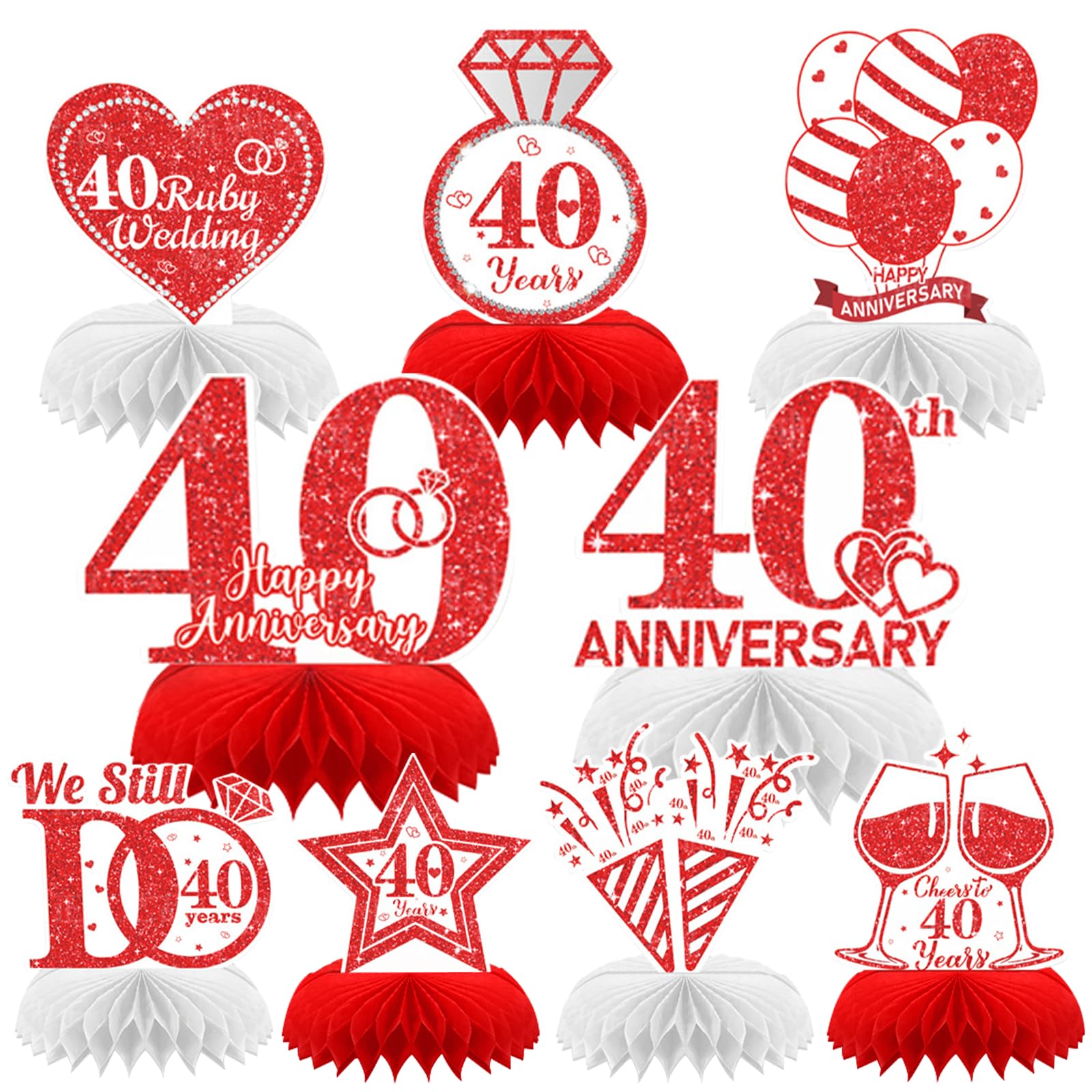 9Pcs Ruby Wedding Anniversary Decorations Romantic 40th Honeycomb Dining Table Decoration (40th)