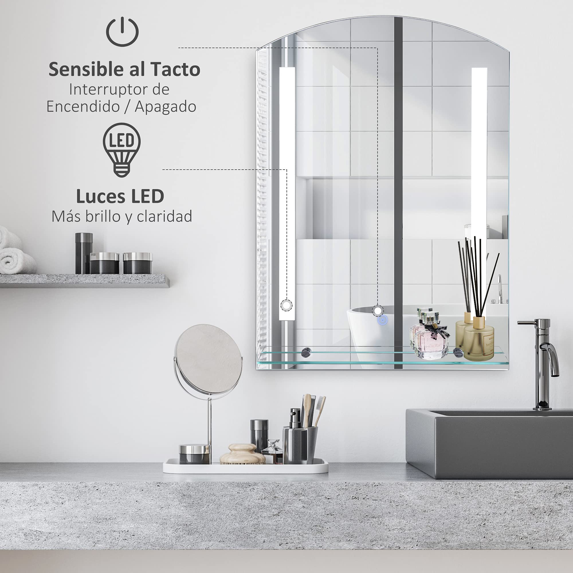 kleankin Espejo de Baño con Luces LED 70x50 cm Interruptor Táctil Plata | Espejo para Baño, Iluminación Regulable, Función de Memoria, Estante de Vidrio, para Salón Entrada