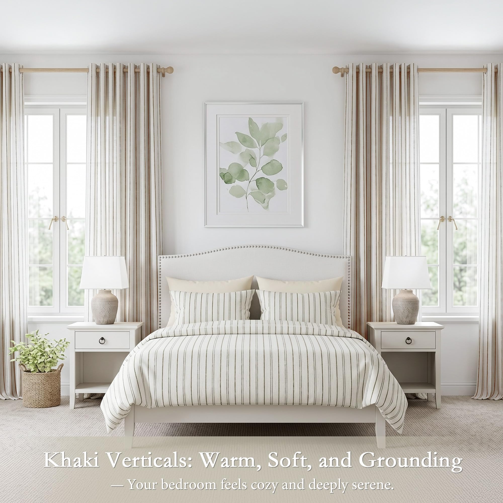 Rideau Voilage 140x245cm Lin Beige à Rayures Verticales Kaki 2er