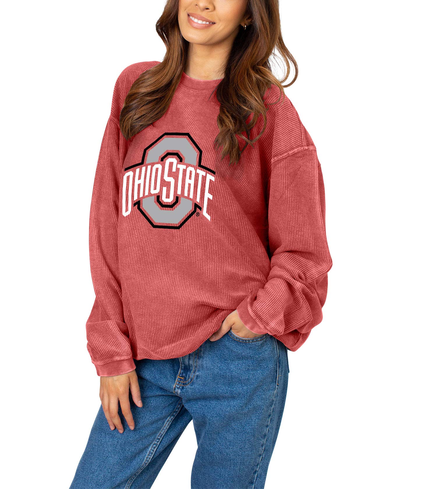 Chicka-D NCAA Ohio State Buckeyes Womens Corded Crew Pullover, Red, Large