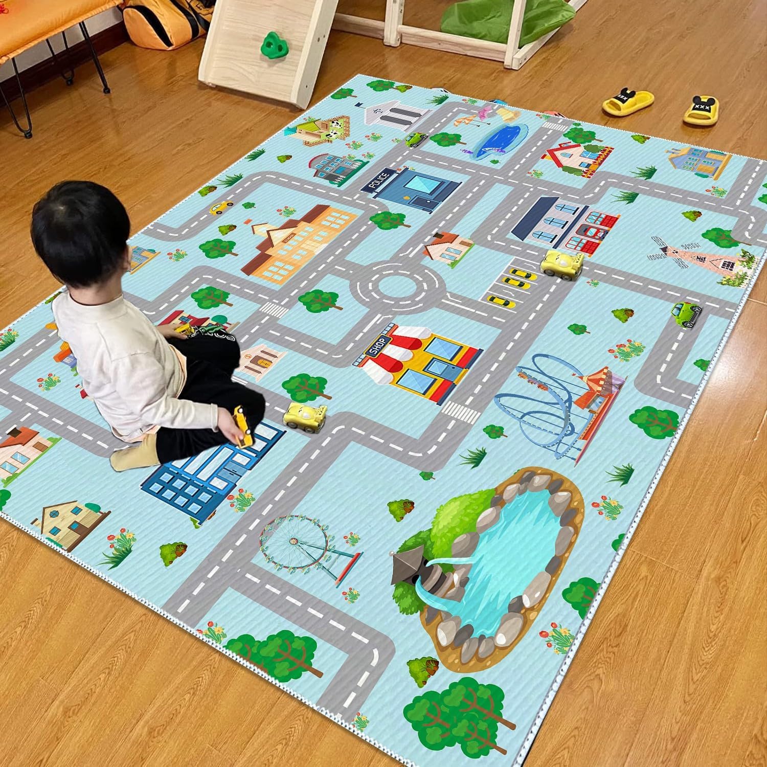 Kids Car Rug, 2' 7" x 4' City Life Traffic Road Playmat for Toy Cars Trains, Non-Slip Race Track Carpet Educational Fun Rugs for Boy and Girl Bedroom Nursery