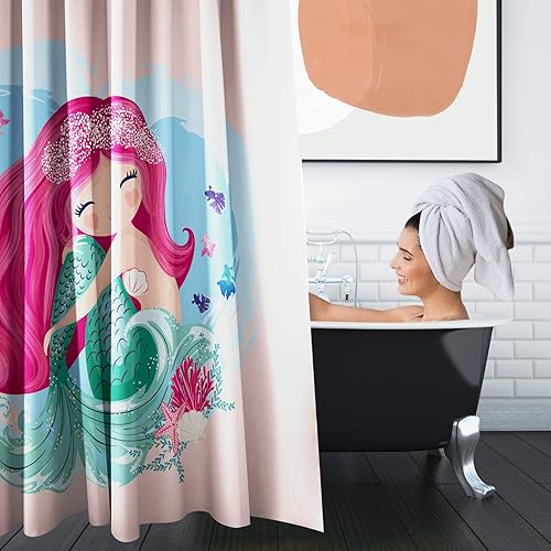 Miniatura 6 de Britimes Juego de cortinas de ducha de 4 piezas, con 12 ganchos, bonita sirena con alfombras antideslizantes, cubierta para tapa de inodoro y tapete