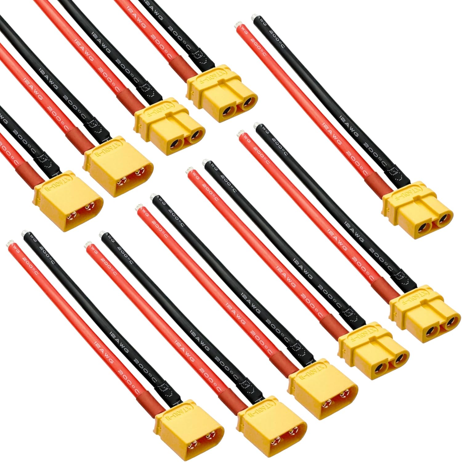 Amass XT60 Connector Plug Cable - Female and Male Connectors Adapter with 12AWG 100mm Silicone Wire for RC Lipo Battery Cable Drone Car Boat (10PCS)