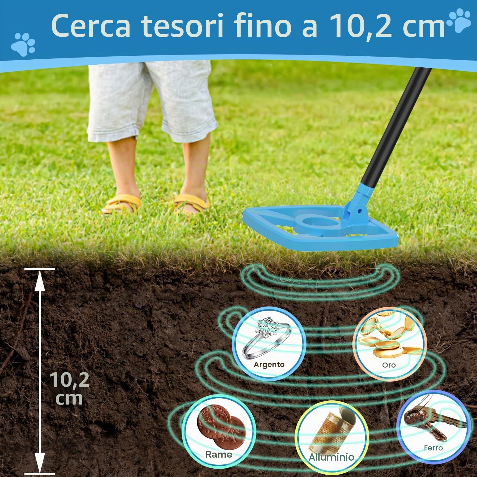 OMMO Metal Detector per Bambini, Metal Detector Ricaricabile USB con Schermo LCD retroilluminato, 28.3 ''-39.4 '' Regolabile per Bambini, Detector con Bobina Impermeabile IP67 per Caccia al Tesoro