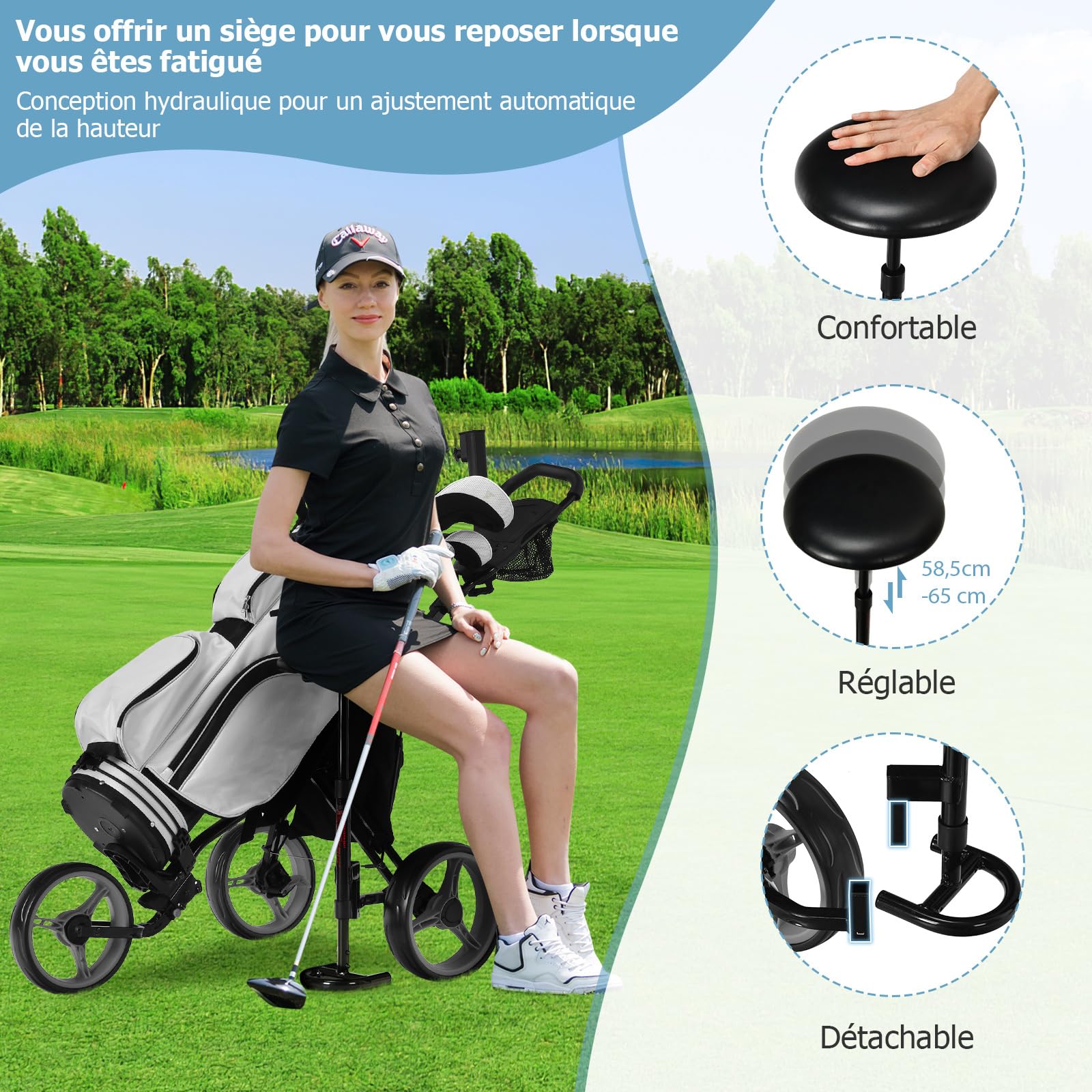 COSTWAY Chariot de Golf à 3 Roues Pliable, avec Porte-gobelet, Frein à Pied, Tableau de Score, Sac de Rangement, Poignée Réglable sur 4 Positions, Porte-Parapluie et Siège Réglables