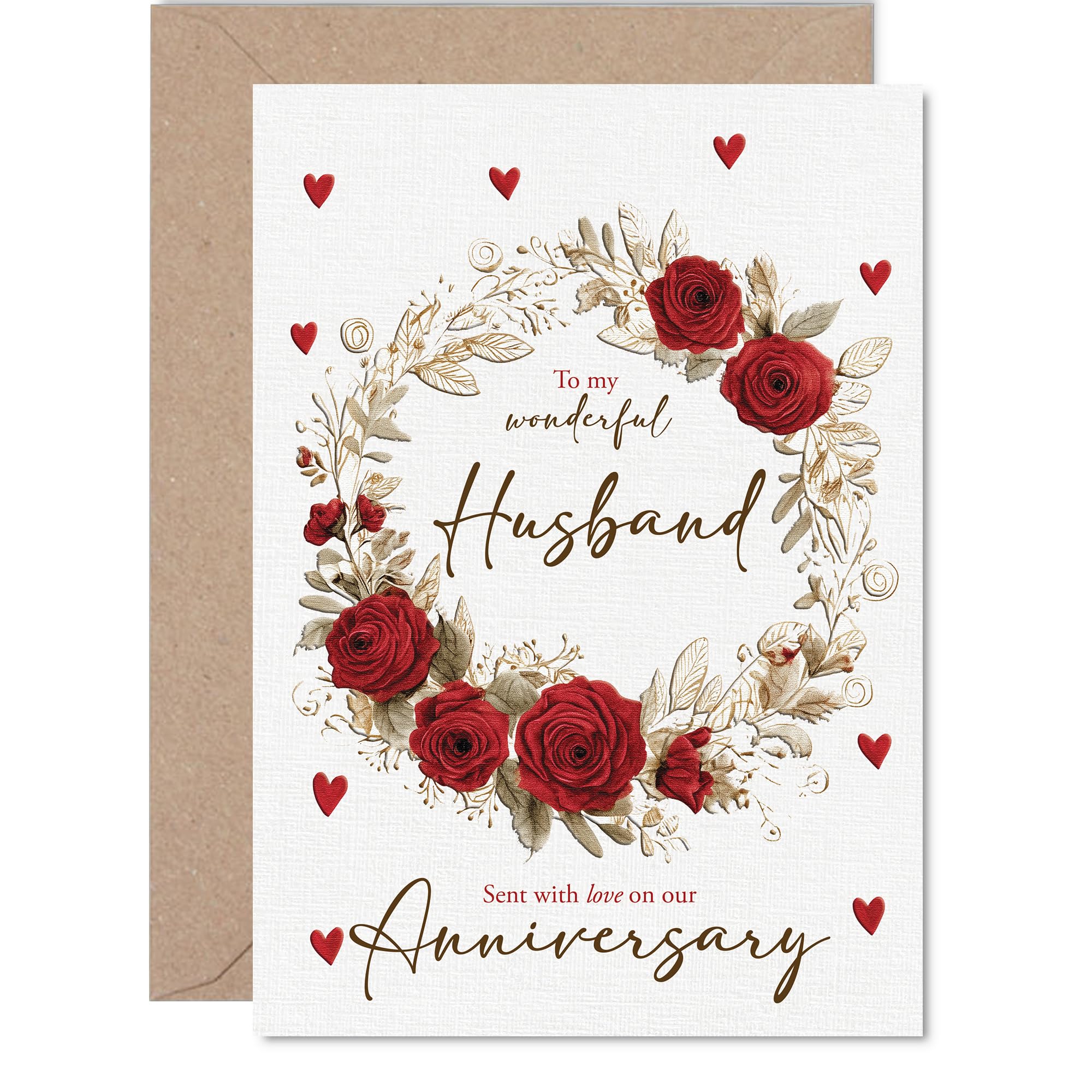 Romantic Anniversary Card for Husband - Romantic Red Roses and Hearts Wreath - Elegant Gold Accents for a Truly Loving Gesture - Sent with Heartfelt Words - A5, Envelope Included