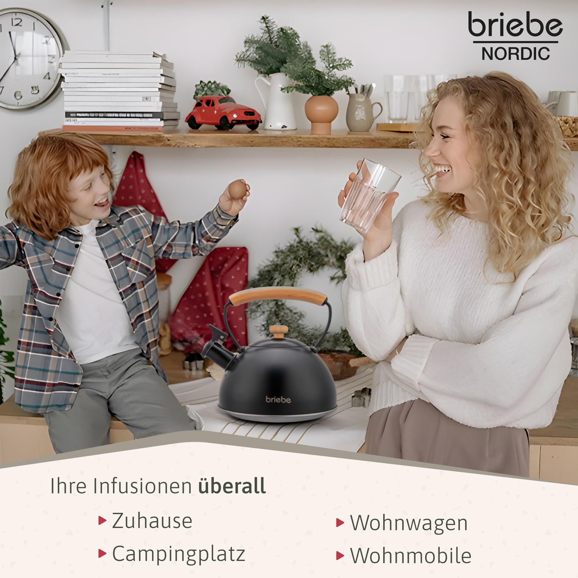 briebe Nordic Wasserkessel Induktion 2,3L, Flötenkessel, Edelstahl Teekessel Retro Alle Herdarten, GlasKeramikherd, Gas, Elektroherd, Holzgriff Cool-Touch, für Tee Kaffee, Tea pot, Schwarz
