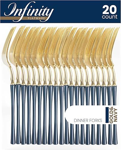 PlasticPro 20 tenedores de plástico dorado y azul marino de alta calidad, resistentes, desechables, elegantes, tenedores de dos tonos para fiesta