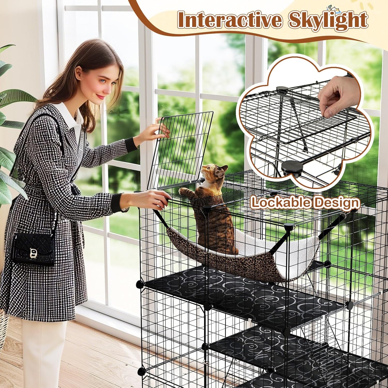 Tangkula Cat Cages Indoor, 3-Tier Cat Enclosure with Skylight, Extra Large Hammock, 2 Ladders, Detachable Metal Wire Kennel with 3 Lockable Doors, DIY Cat Crate & Pet Playpen Catio for 1-3 Cats Kitten