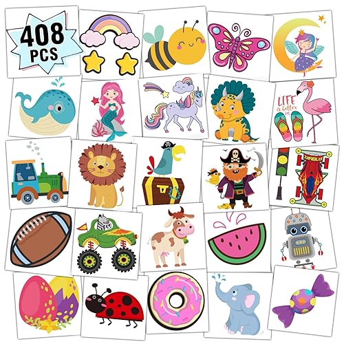 Partywind 408 tatuajes para niños para suministros de fiesta, hojas envueltas individualmente, calcomanías de tatuajes temporales para regalos de