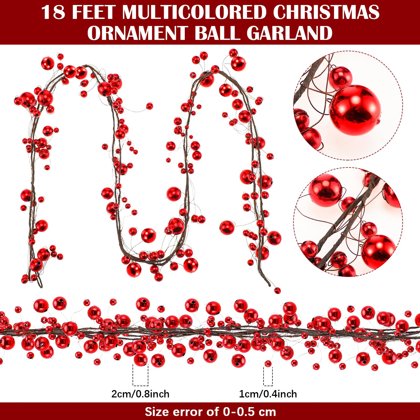 WILLBOND Guirnalda de bolas de Navidad rojas de 18 pies, adornos colgantes para árbol de Navidad, chimenea, corona, interior, exterior, hogar, oficina