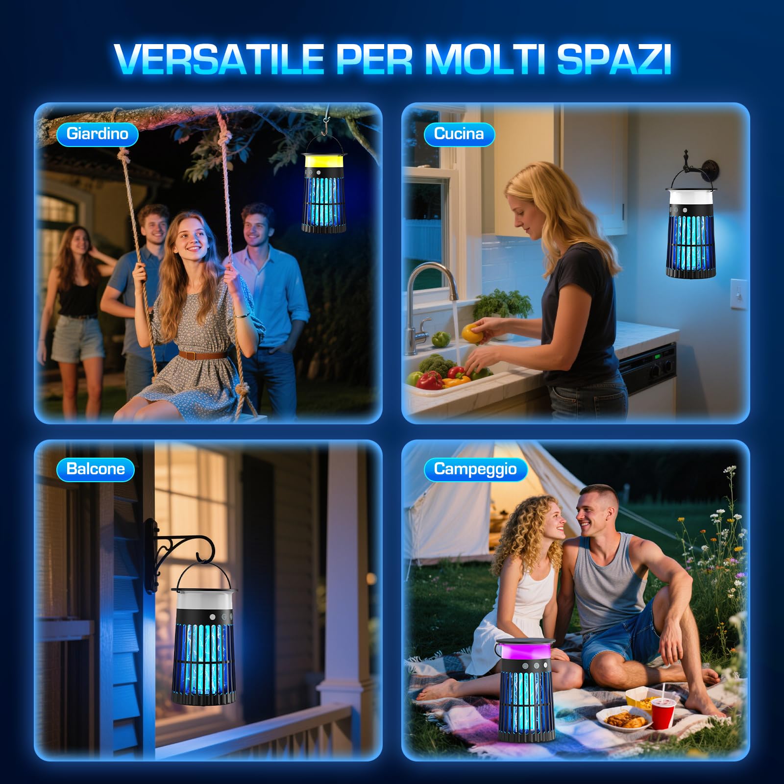Lampada Antizanzare Solare da Esterno, Zanzariera Elettrica 4200V, Impermeabile IPX5, Ricarica USB-C e Solare, Batteria 4000mAh, Senza Fili per Giardino, Terrazzo, Balcone e Interni