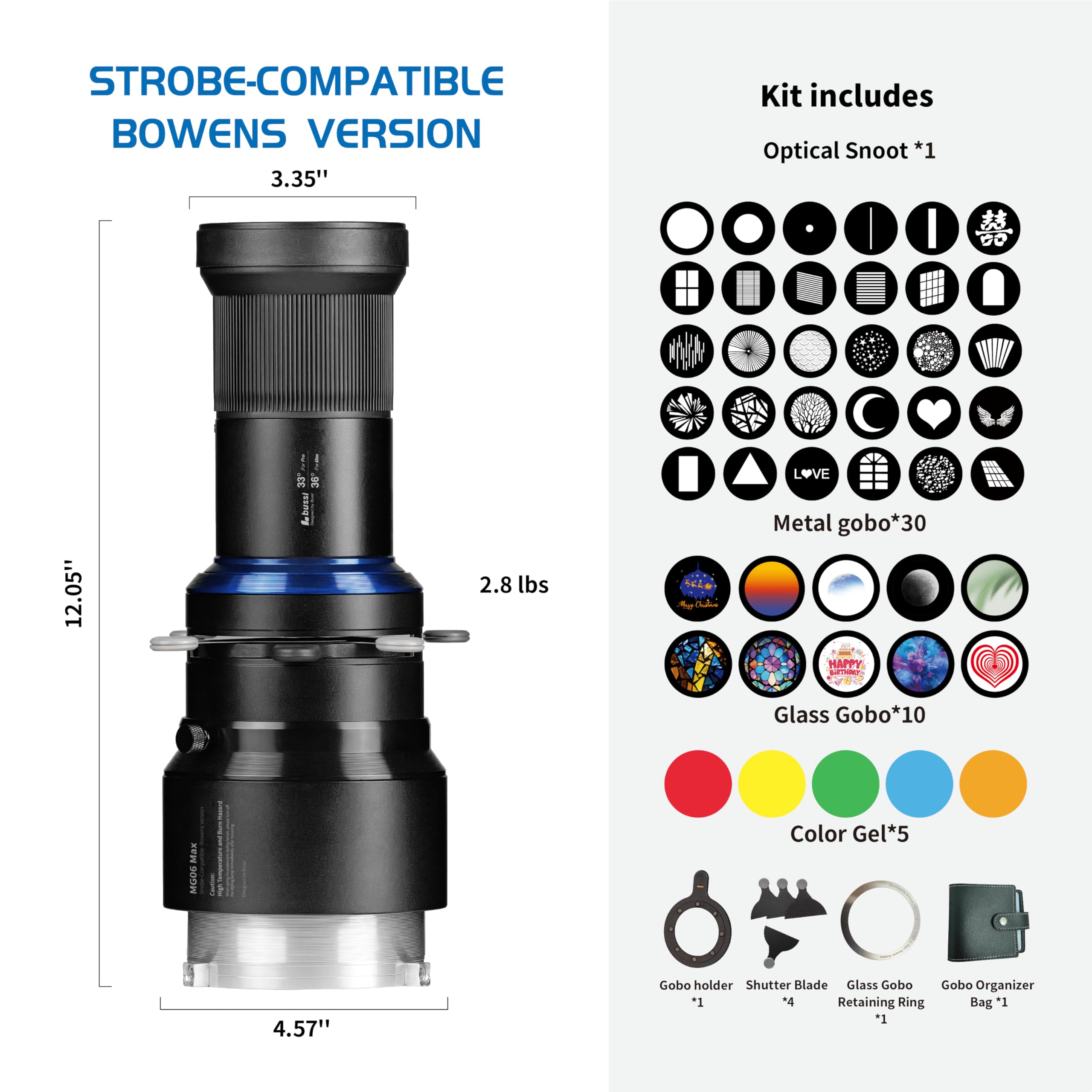 Bussi MG06 Max Bowens Mount Snoot mit 40 Gobos, 36° Objektiv, optischer Snoot Spotlight für Fotografie, Video, Formlichtstudio, GOBO-Licht, Stroboskop-Bowens-Halterung
