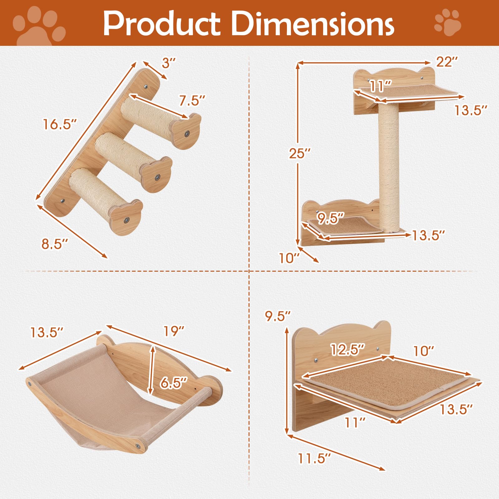 Tangkula Cat Wall Shelves, 4 Pieces Wooden Wall Mounted Kitten Furniture Set with Hammock, 2-Step Cat Tree, Non-Slip Pads, Sisal Stairs & Scratching Posts, Modern Cat Climber Steps (Natural) - image 3
