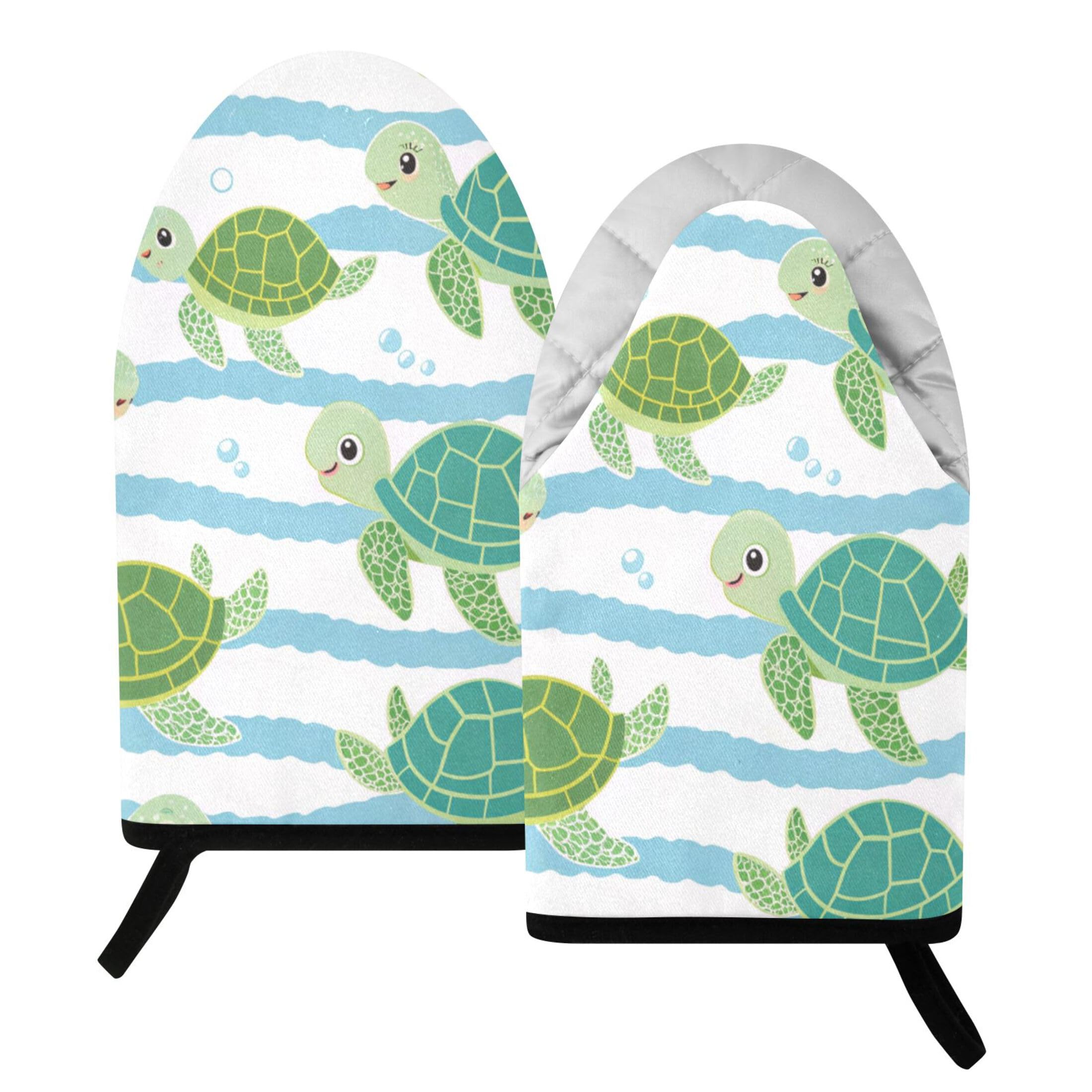 Fuauuyl Oven Mitts Heat Resistant Kitchen Gloves, Cute Sea Turtle Classic Oven Gloves with Hanging Loop for Baking BBQ Cooking Grilling, 1 Pair, 9.5 in