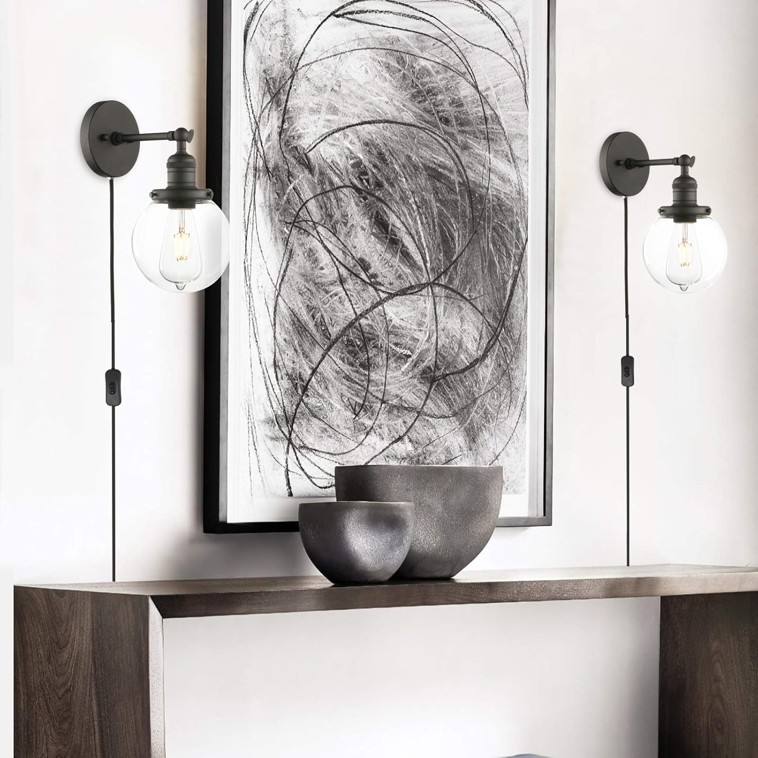 Phansthy Black Sconce with Switch Plug in Sconce Bathroom Vanity Light with 5.9 Incles Globe Glass Canopy (Black, Globe Glass Shade)