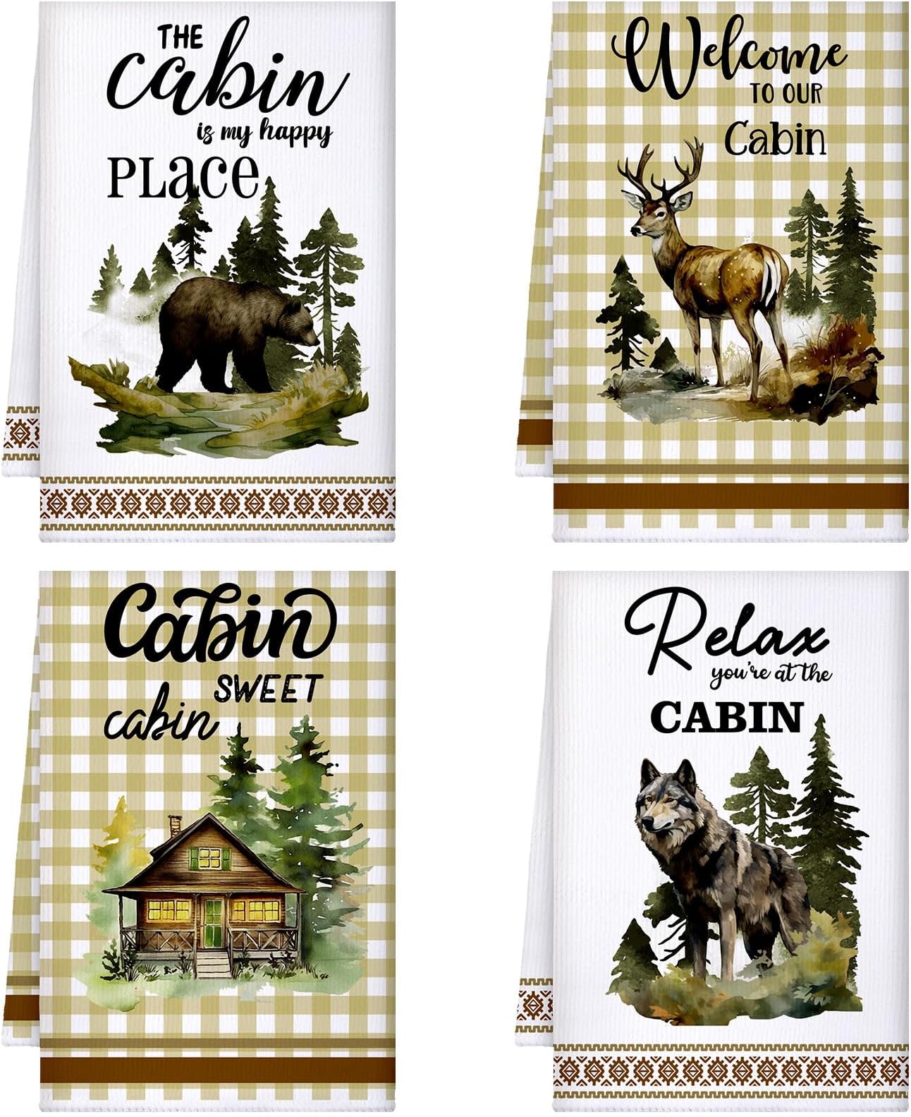 Buryeah 4 Pcs Cabin Kitchen Towels Set 23. 6 x 16 Inches Wildlife Deer Bear Dish Towels Log Rustic Cabin Decor Soft Absorbent Hand Tea Dishcloth for Home Kitchen Bathroom Farmhouse Campers