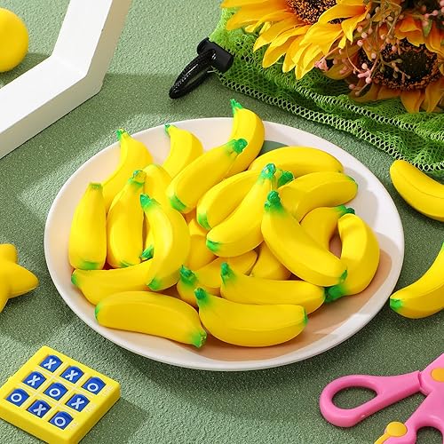 Miniatura 3 de Jerify 37 piezas de mini plátano juguetes para aliviar el estrés con bolsa de malla con cordón de poliuretano, juguete elástico para recuerdos de