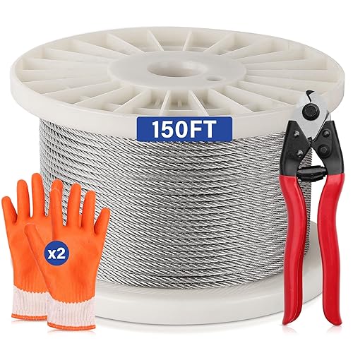 Fulifix Cable de acero inoxidable de 18 "150 pies, 7 × 7 cuerda de alambre de grado marino T316, cable de avión con un cortador para sistema de