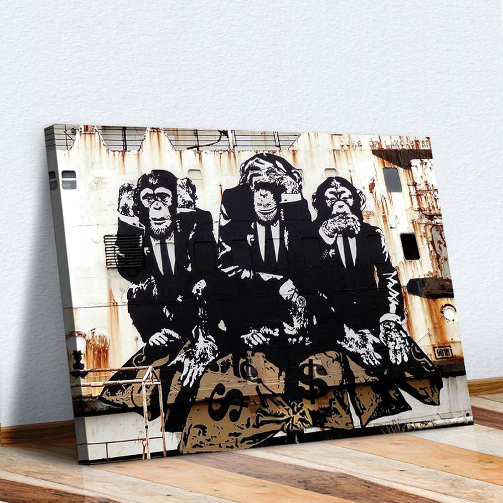 XIANGPEIFBH Banksy 3 Monkeys Canvas Wall Art Posters and Prints Gorilla Street Art Paintings Animal Graffiti Art Pictures Wall Decor 80x130cm(32x51in) With Frame