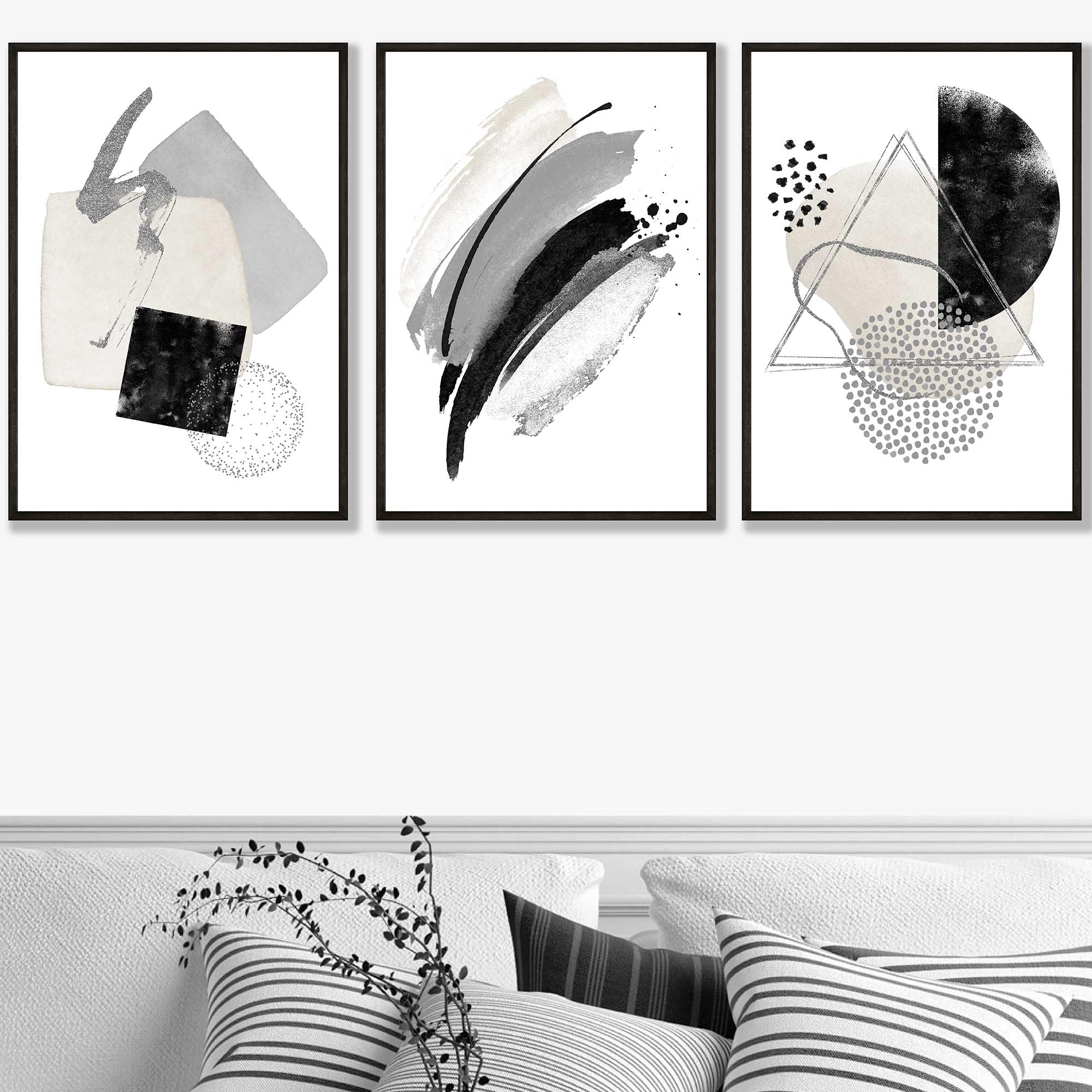 Artze Black / Grey Set Of 3 Abstract And Wall Art Prints Only Size: (A2-42 X 59.4 Cm)