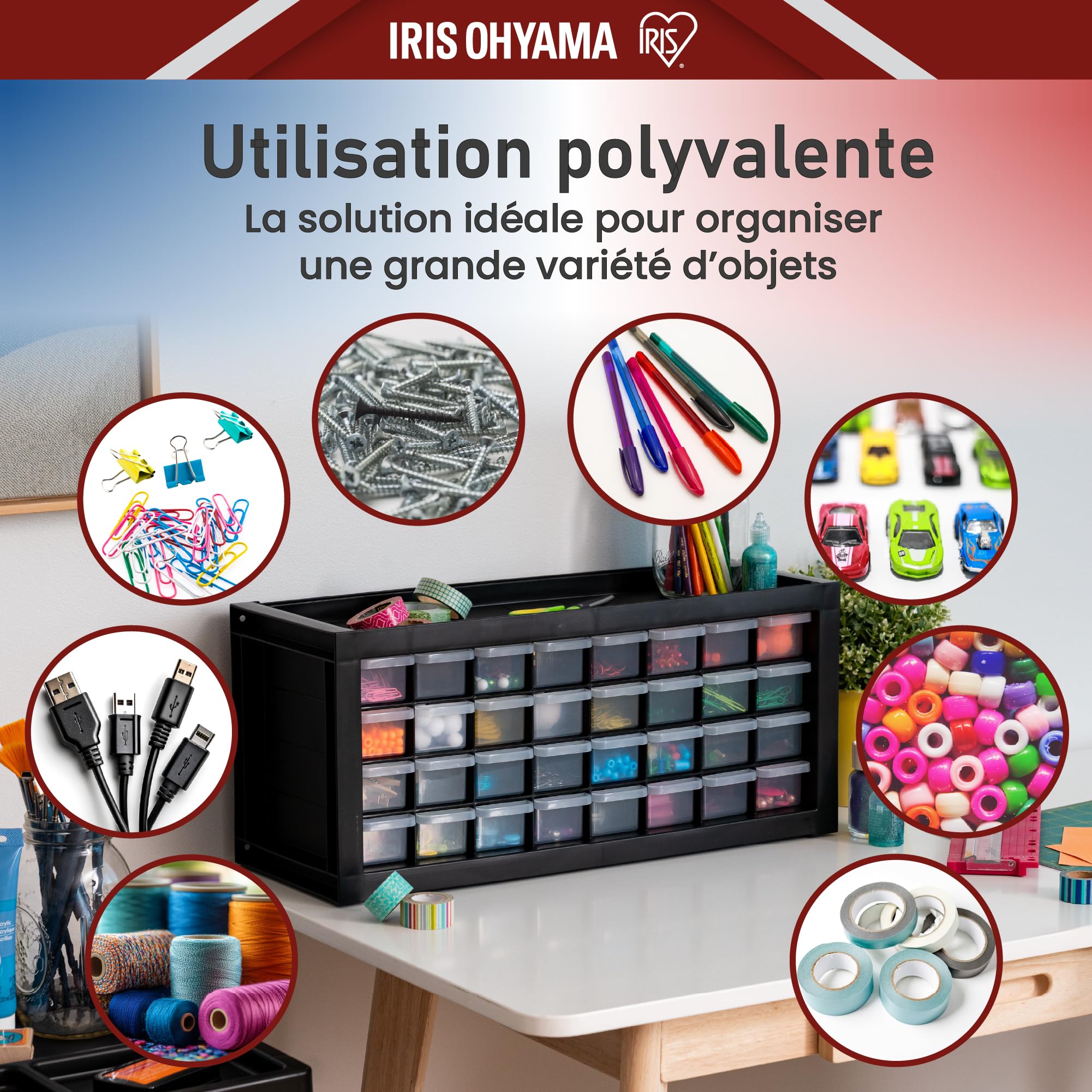 Iris Ohyama, Set de 2 Casiers de Rangement Vis, 32 Tiroirs, Empilable, Fixation Murale, Butée de Tiroir, Polyvalent, Quincaillerie, Bricolage, sans BPA, Compartiments, DPC-32