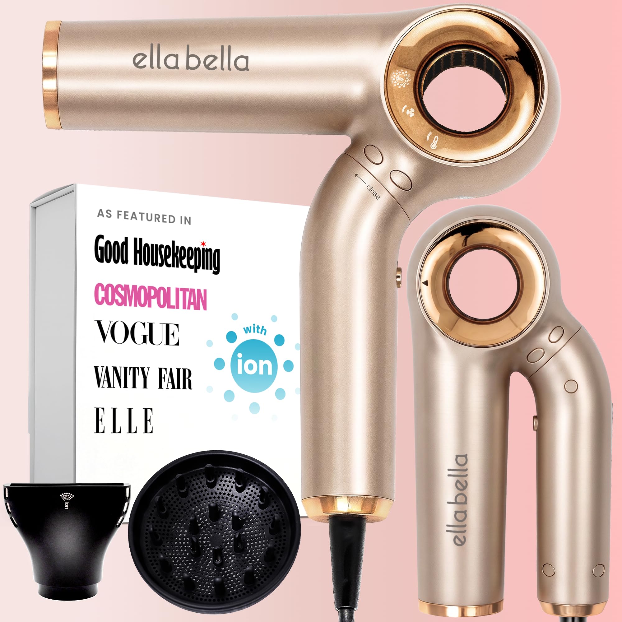 ELLA BELLA ELLA BELLA® Professional Ionic Hair Dryer (Foldable) • Negative Ion Blow Dryer • Perfect for Travel • Intelligent Heat Control & Rapid Drying Speeds • Lightweight Design • Low Noise Technology