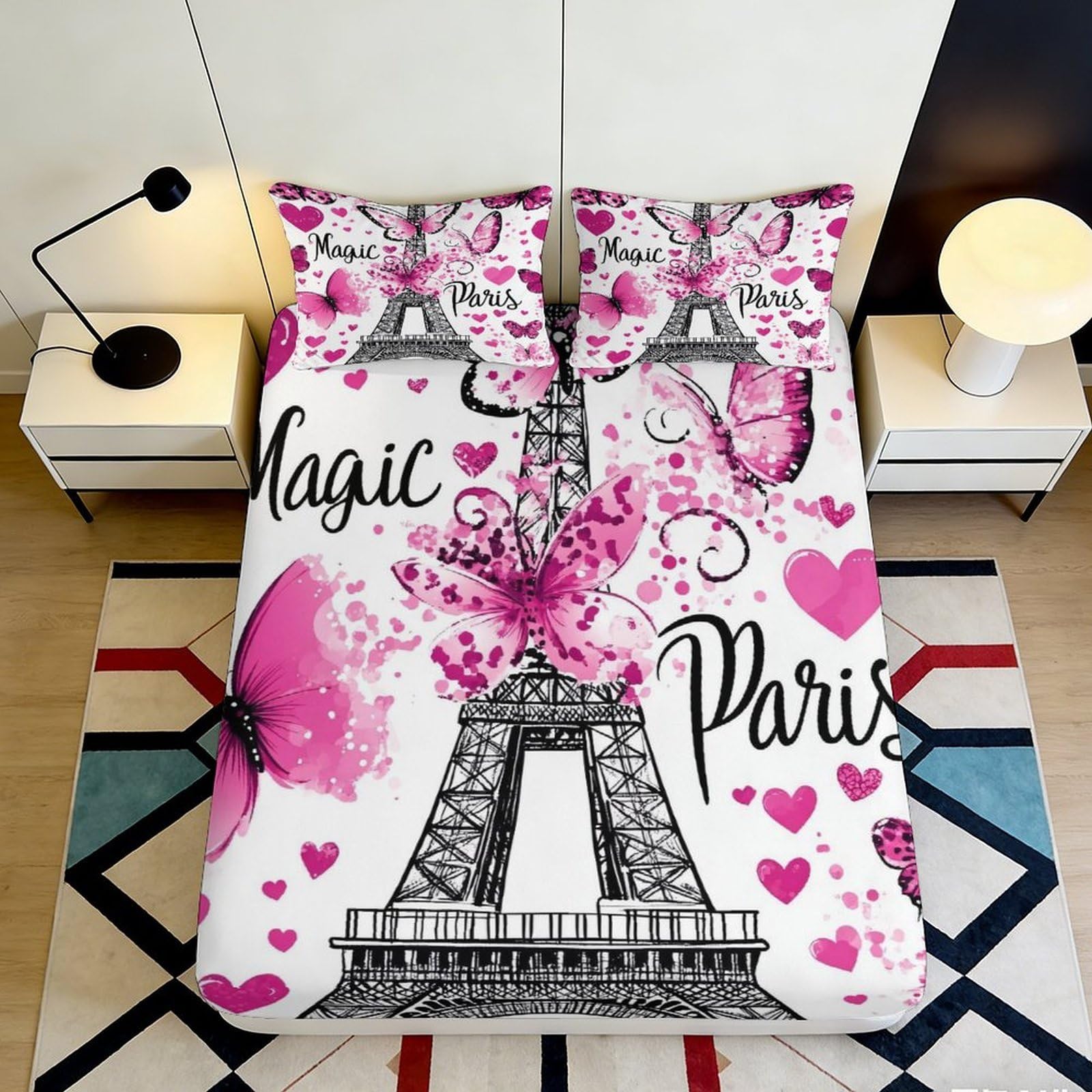 3D Printed Eiffel Tower Butterfly Fitted Sheet Microfiber Pink Paris Bed Cover Bedroom Decor Mattress Protection 180x200x25cm
