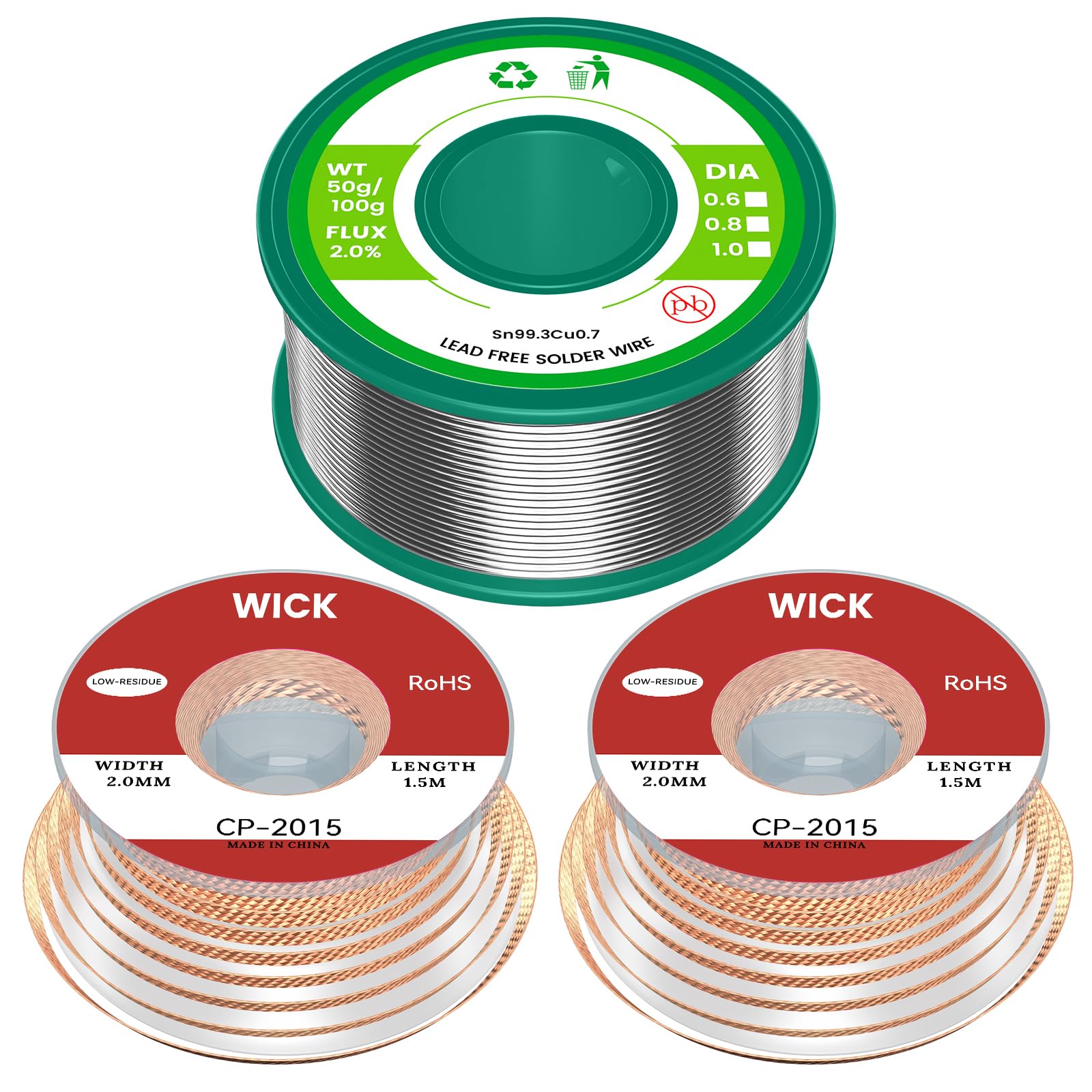Lötzinn & Entlötlitze Set – Bleifreier Lötdraht mit Kolophoniumkern, Lötzinn Elektronik (Sn99,3Cu0,7/0,8mm/50g) + No-Clean Entlötdocht (2,0mm/1,5m/2 Stk) zum Löten & Entlöten