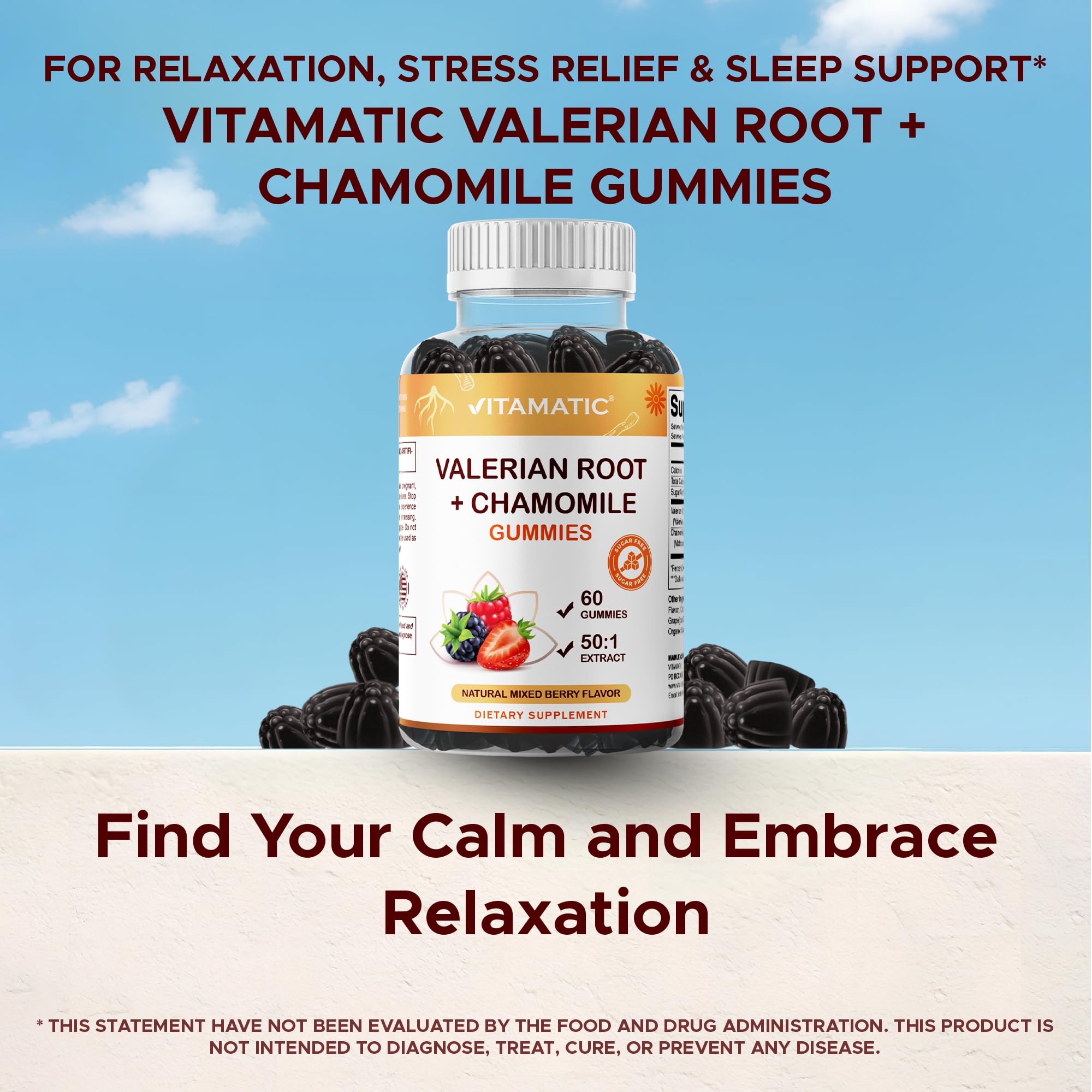 Vitamatic Valerian Root & Chamomile Gummies – Plant-Based Botanical Extract – Mixed Berry Flavor – Vegan, Non-GMO, Gluten-Free – Herbal Supplement – 60 Count — Amazon image 6