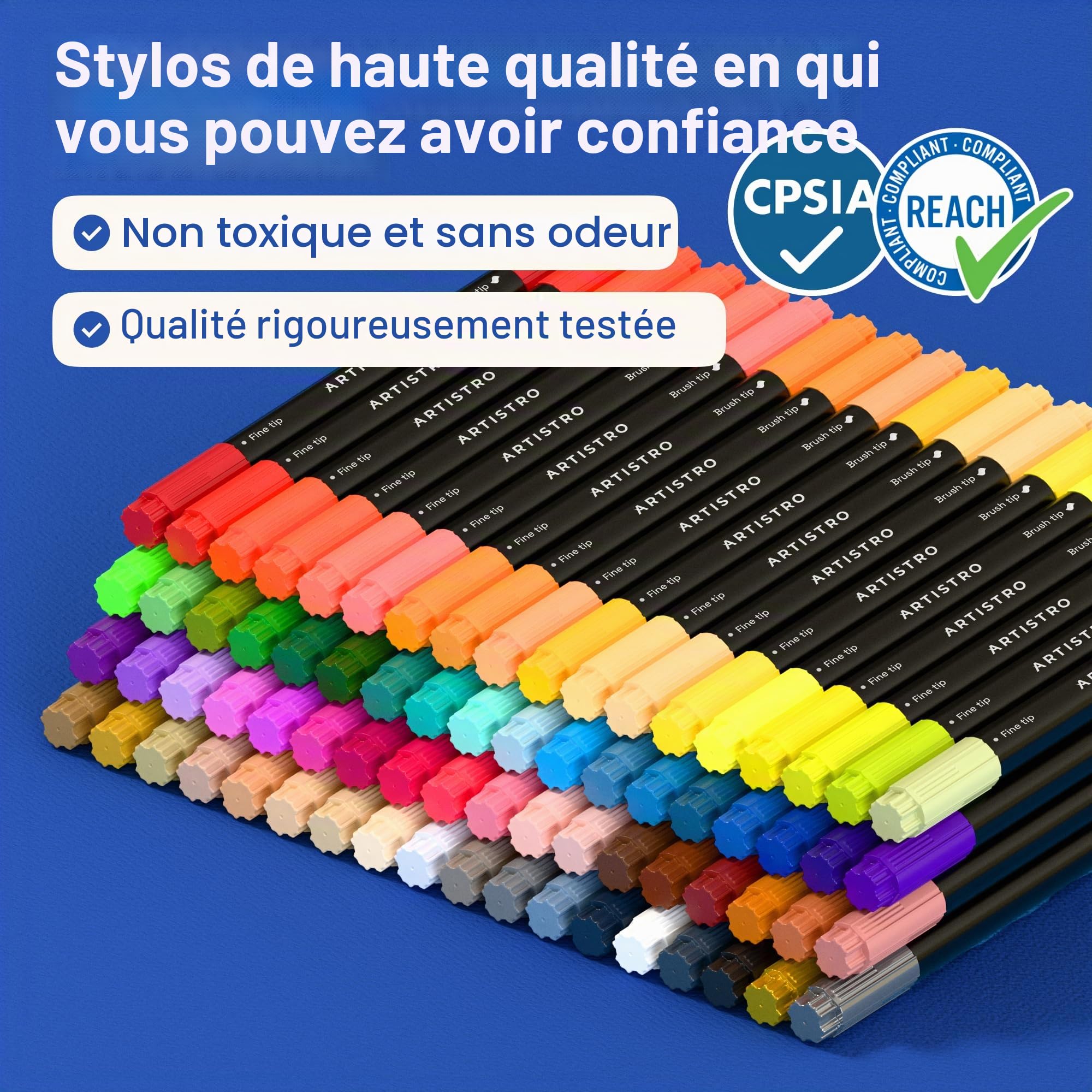 Artistro Lot de 72 marqueurs de peinture acrylique à double pointe pour tissu, toile, pierre, verre, bois, papier, bricolage (double pointe + fine)
