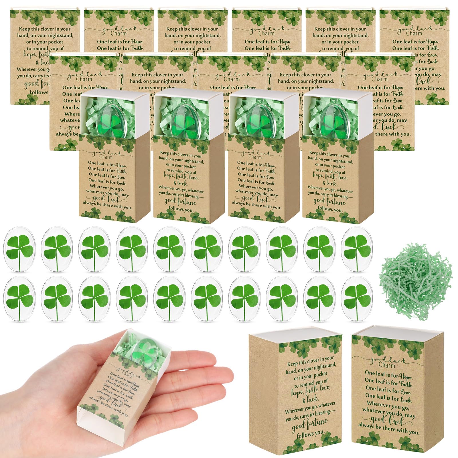 Bucherry 20 Set St. Patrick's Day Gift Bulk Four Leaf Clover Glass Token Charms with Greeting Boxes Irish Day Lucky Shamrock Gifts for DIY Friends Coworkers Employee Office Party Favors (Oval)
