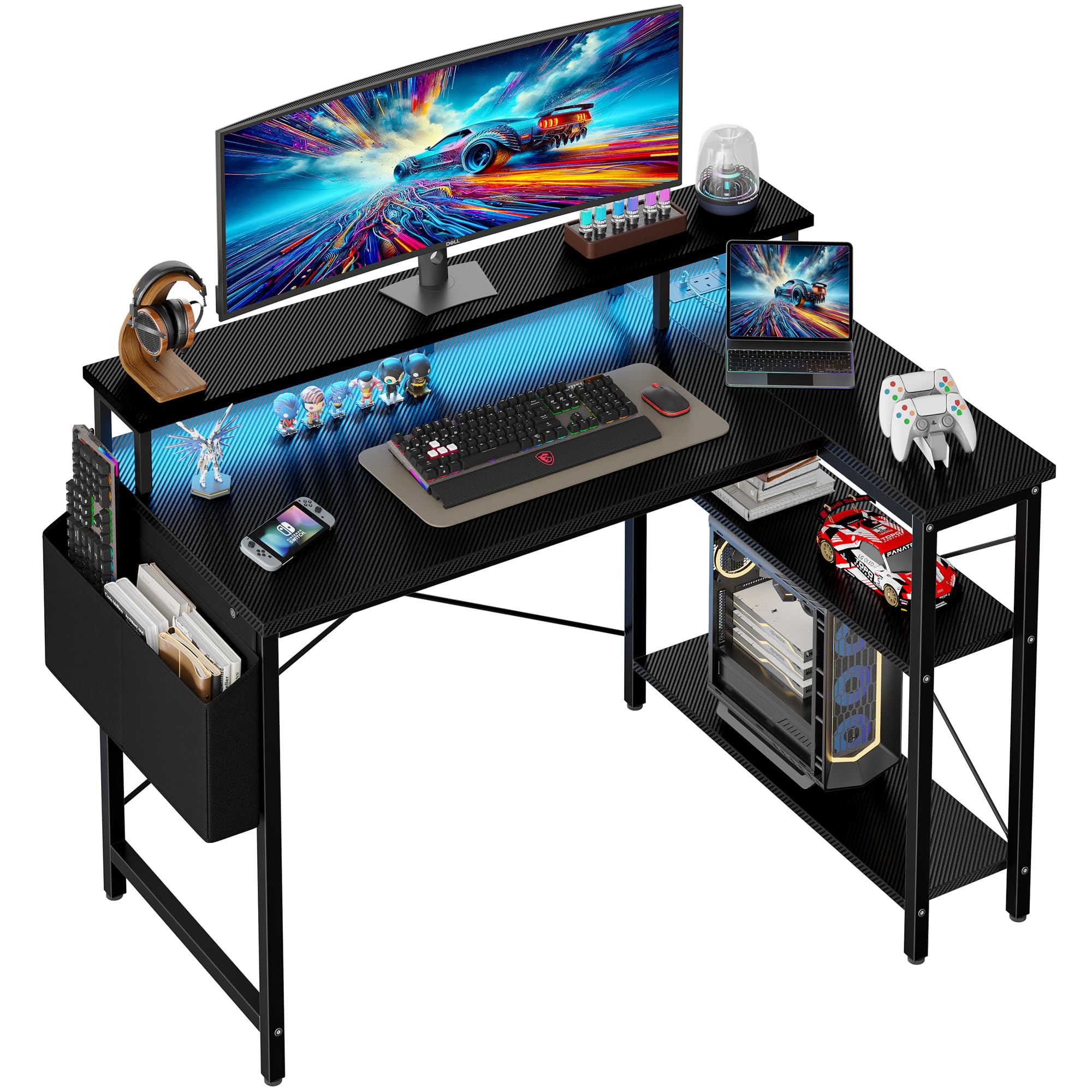 Grandder Scrivania ad Angolo Reversibile 100x70cm, Tavolino Computer a Forma L Ripiani Portaoggetti e Struttura in Acciaio, per Gaming, Computer, Ufficio, Studio e Casa, Nero