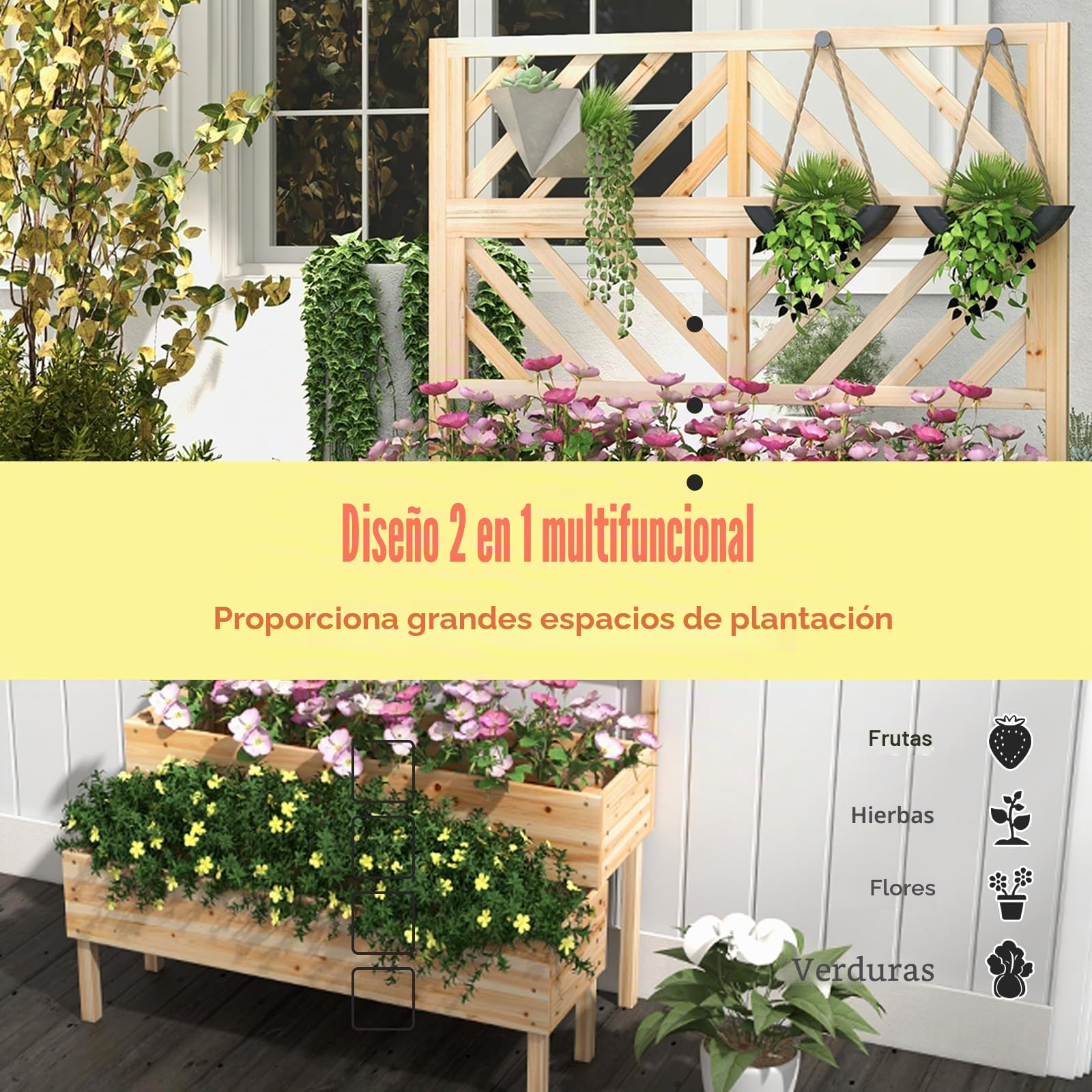 HOMASIS Macetero con rejilla de madera para exterior, jardinera con enrejado de 2 estantes, jardinera vertical elevada para plantas trepadoras de abeto con agujeros de drenaje, 109x62x135 cm (Natural)