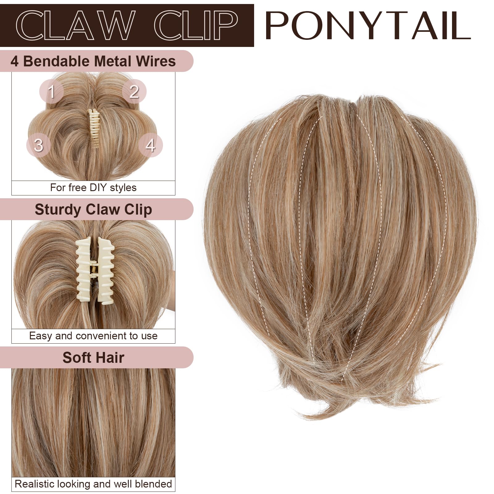 SEGO Claw Clip Ponytail Hair Extensions Bendable Metals Messy Bun Hair piece Straight Hairpieces Claw on Ponytail - Image 4