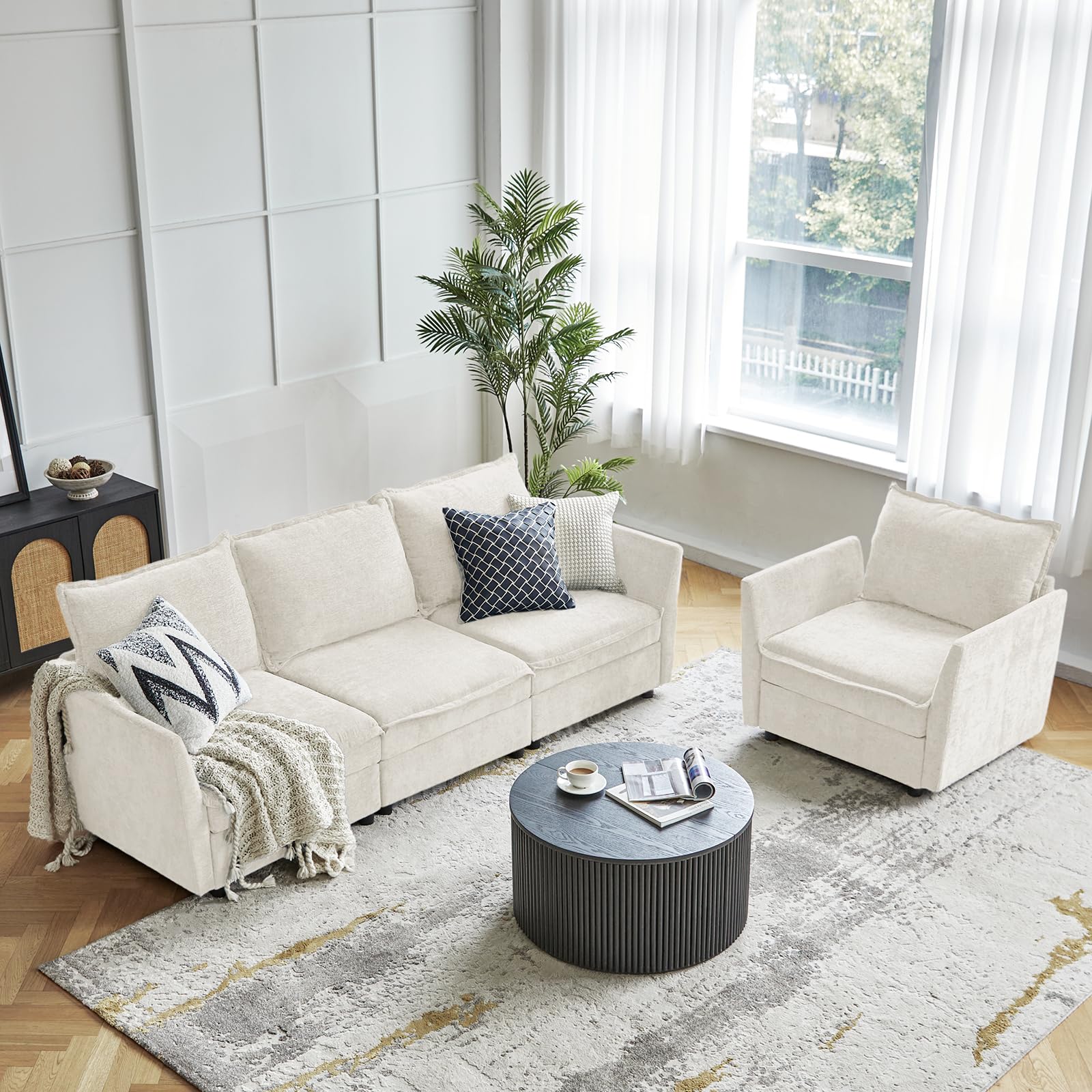 HULALA HOME Modern Chenille Sofa Set, Single Seat Sofa, 3 Seat Sofa, 2 Piece Cloud Couches Set with Storage, Comfy Deep Upholstered Armchair Couches for Living Room, Apartment, White