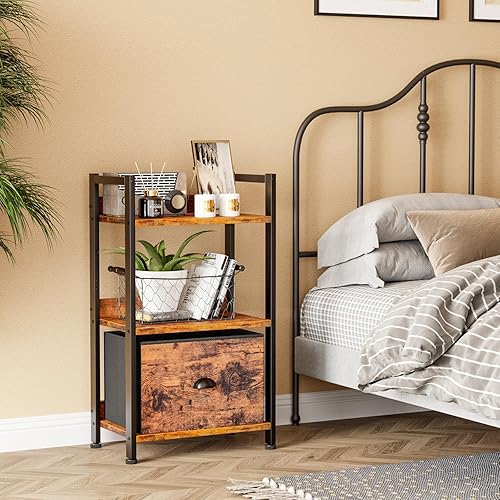 Miniatura 8 de Furologee Estantería de 3 niveles con cajón, estantería pequeña con estantes, organizador de almacenamiento de estantería corta de madera y metal,