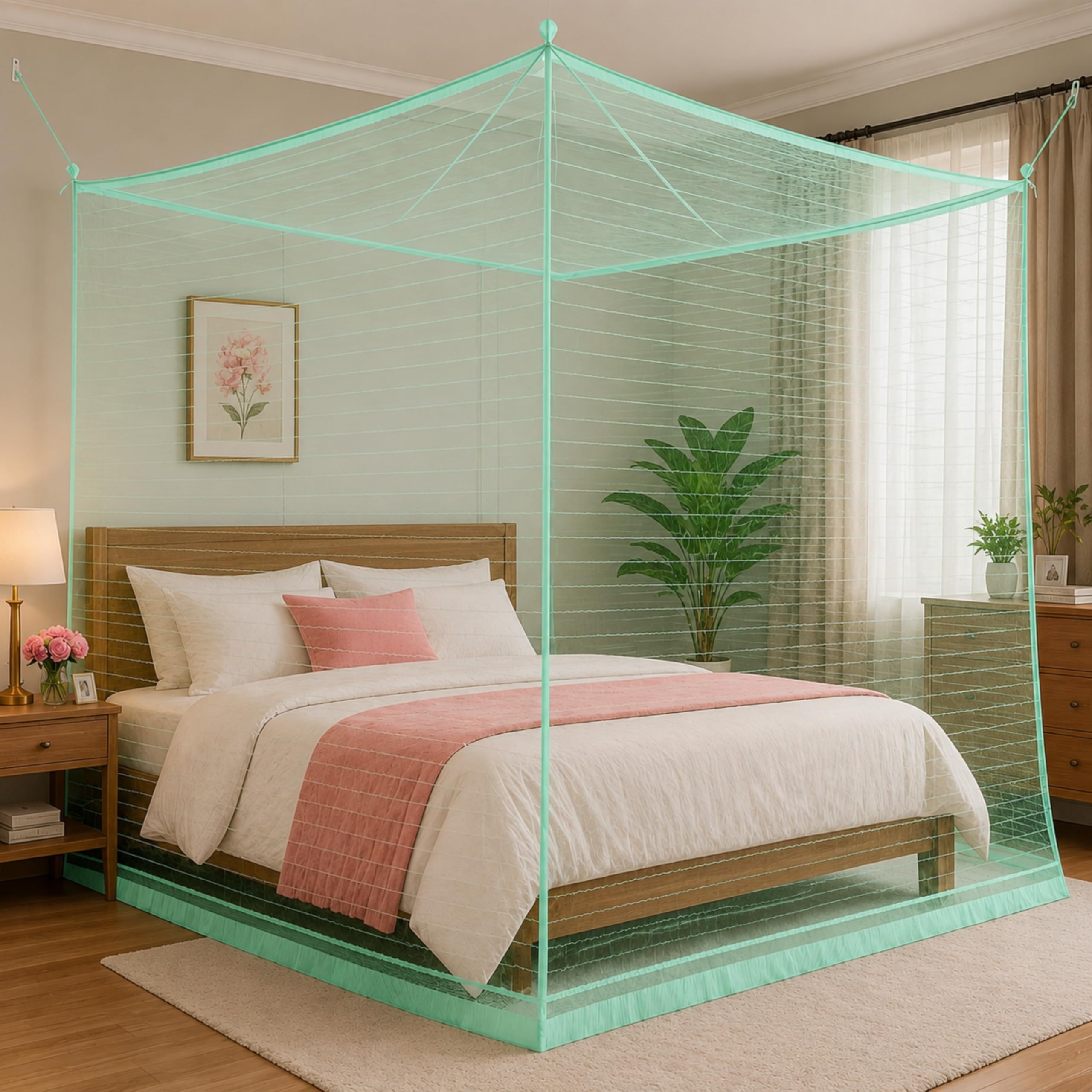 Mosquito Net for King Size Bed & Double Bed, 6x7 ft, Wall/Hook Hanging, Premium Poly-Cotton Blend Fabric Foldable Machhardani (Light Sea Green - Frame Not Included)-image-47