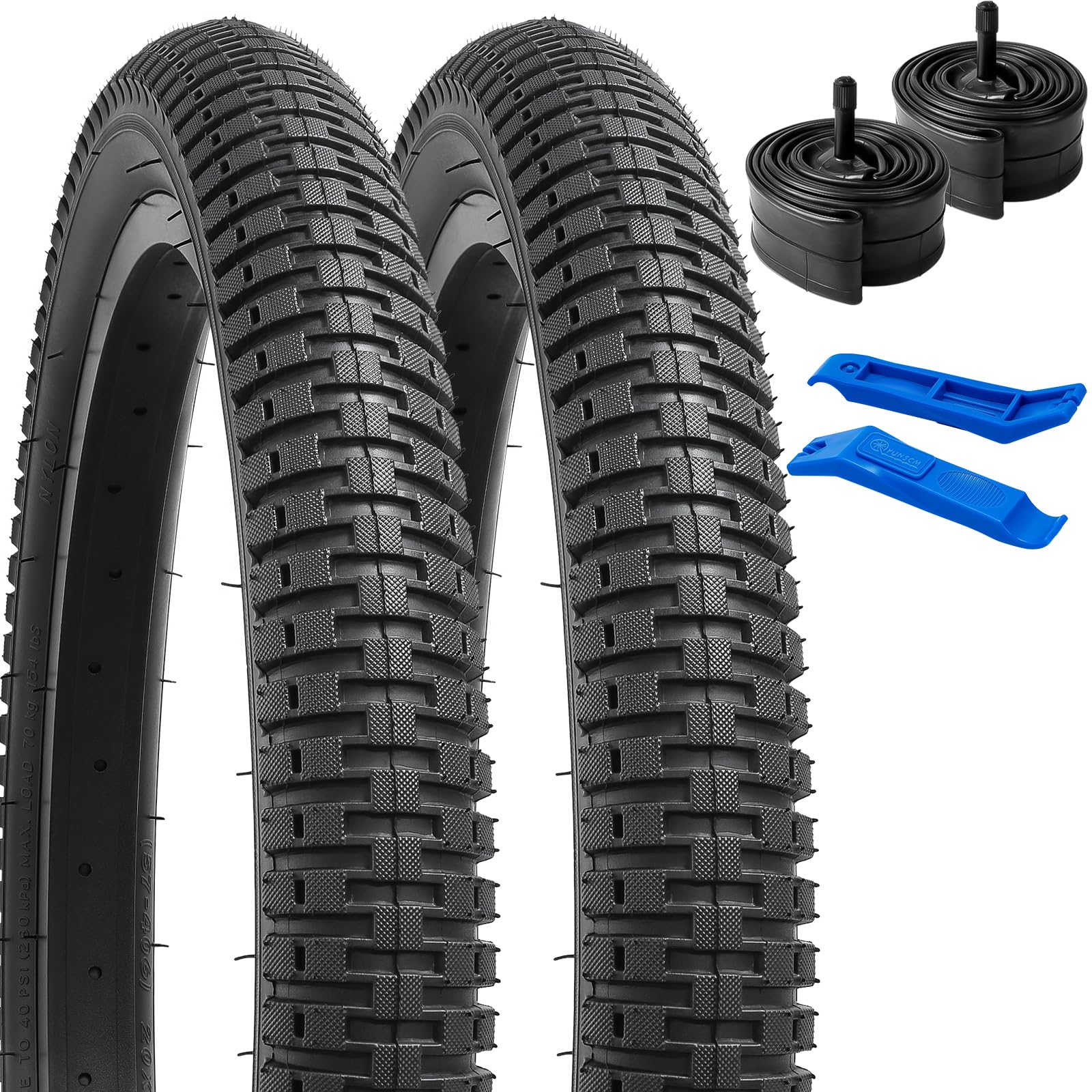 YunSCM Lot De 2 Pneus 20x2.125 (54-406) + 2 Chambres à Air 20x1.75/2.125 – Pliable, 60TPI, Valve AV32