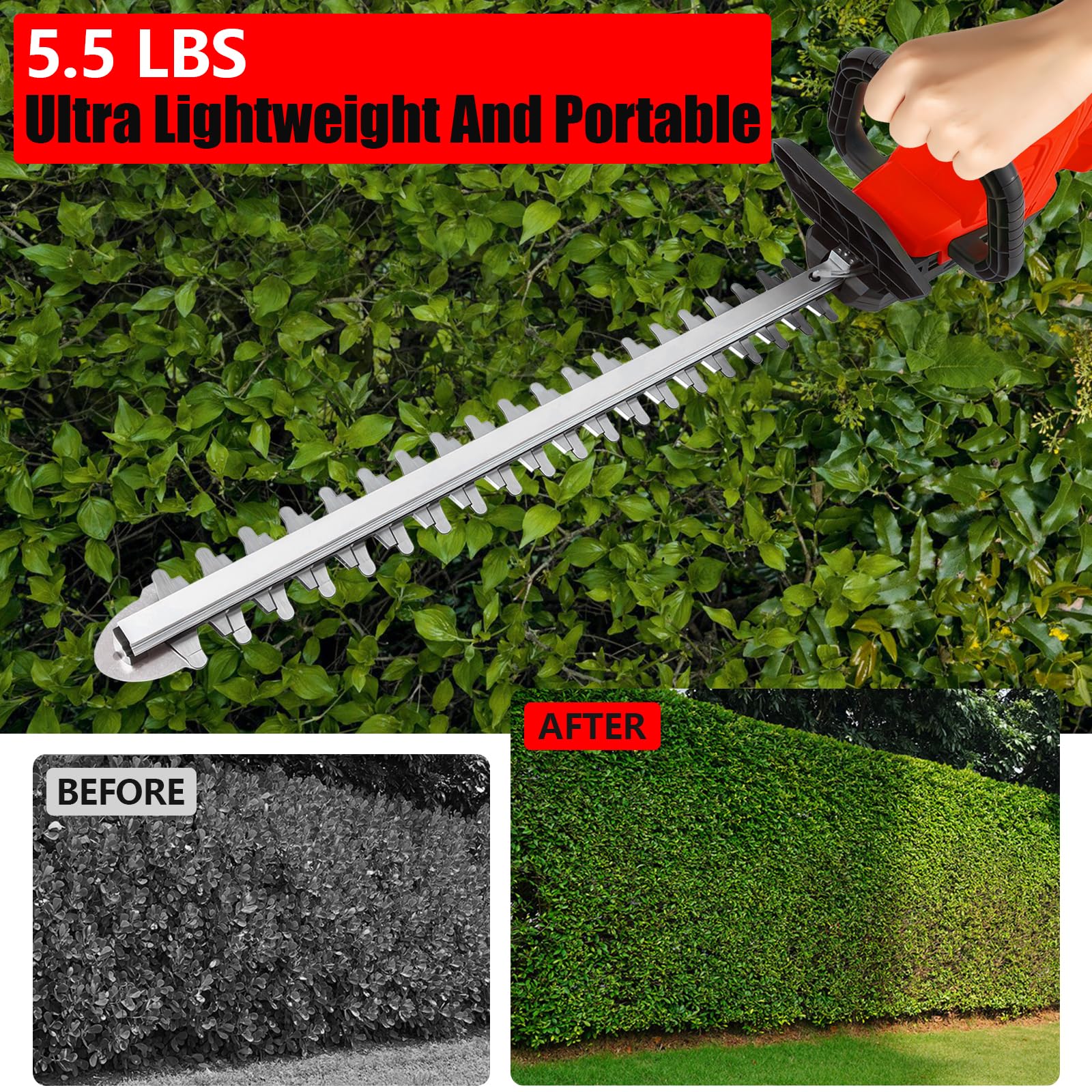 Cortasetos a batería compatible con batería Milwaukee de 18 V (sin batería), cortador de arbustos eléctrico sin escobillas con hoja de 50 cm, cabezal giratorio de 180° y sistema de lubricación