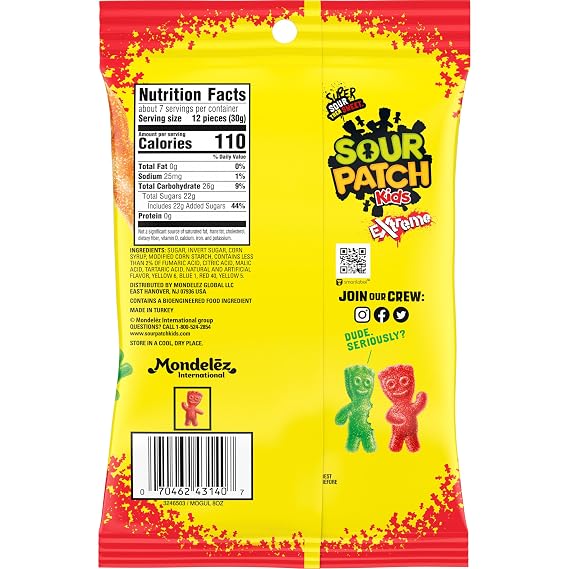 SOUR PATCH KIDS Extreme Sour Soft & Chewy Gummy Candy, 7.2 oz