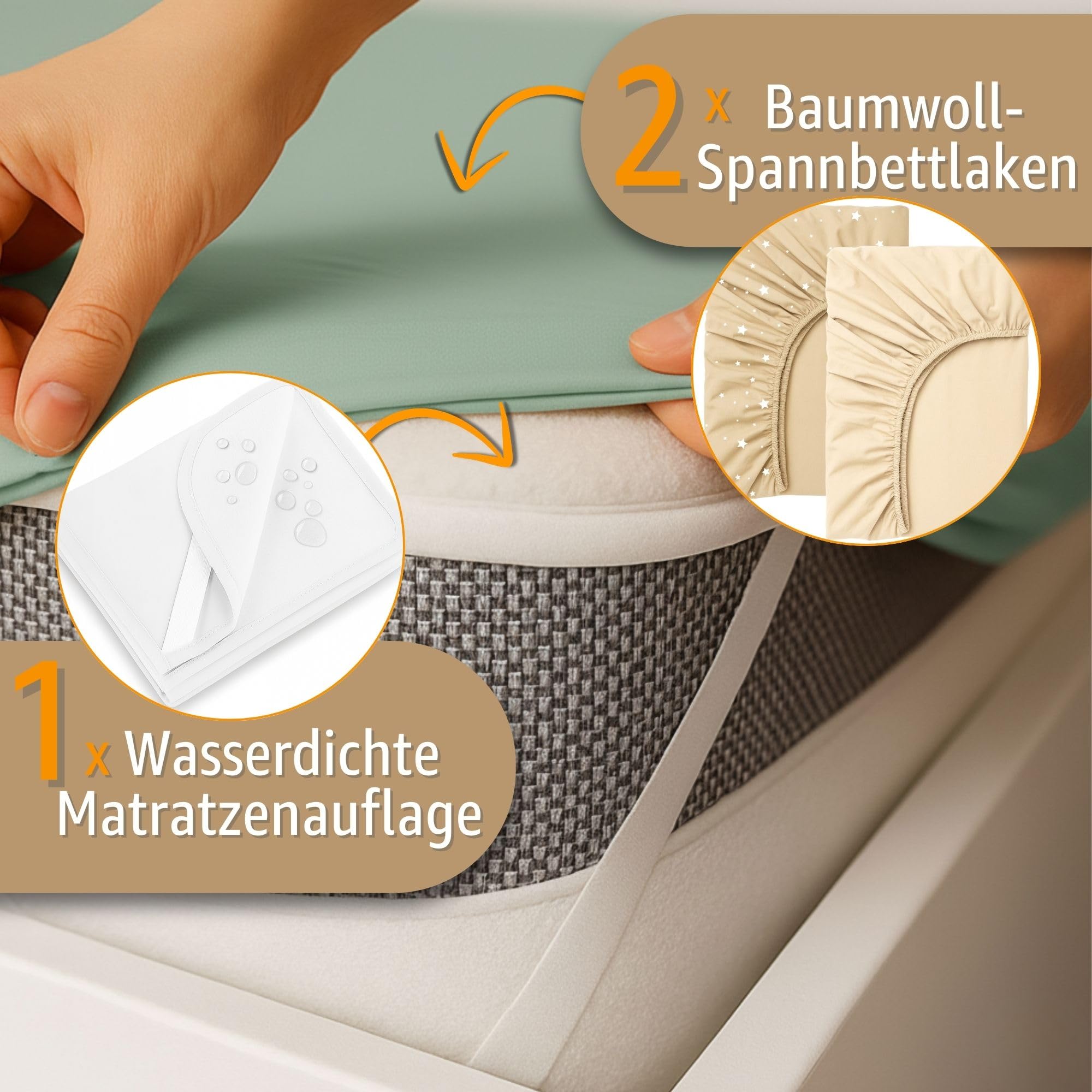 Lenzuola con angoli per passeggino Set di 3: 35x75 cm - 2 lenzuola + 1 coprimaterasso impermeabile - Accessori per lettino per culla co-sleeping carrozzina 35 x 73