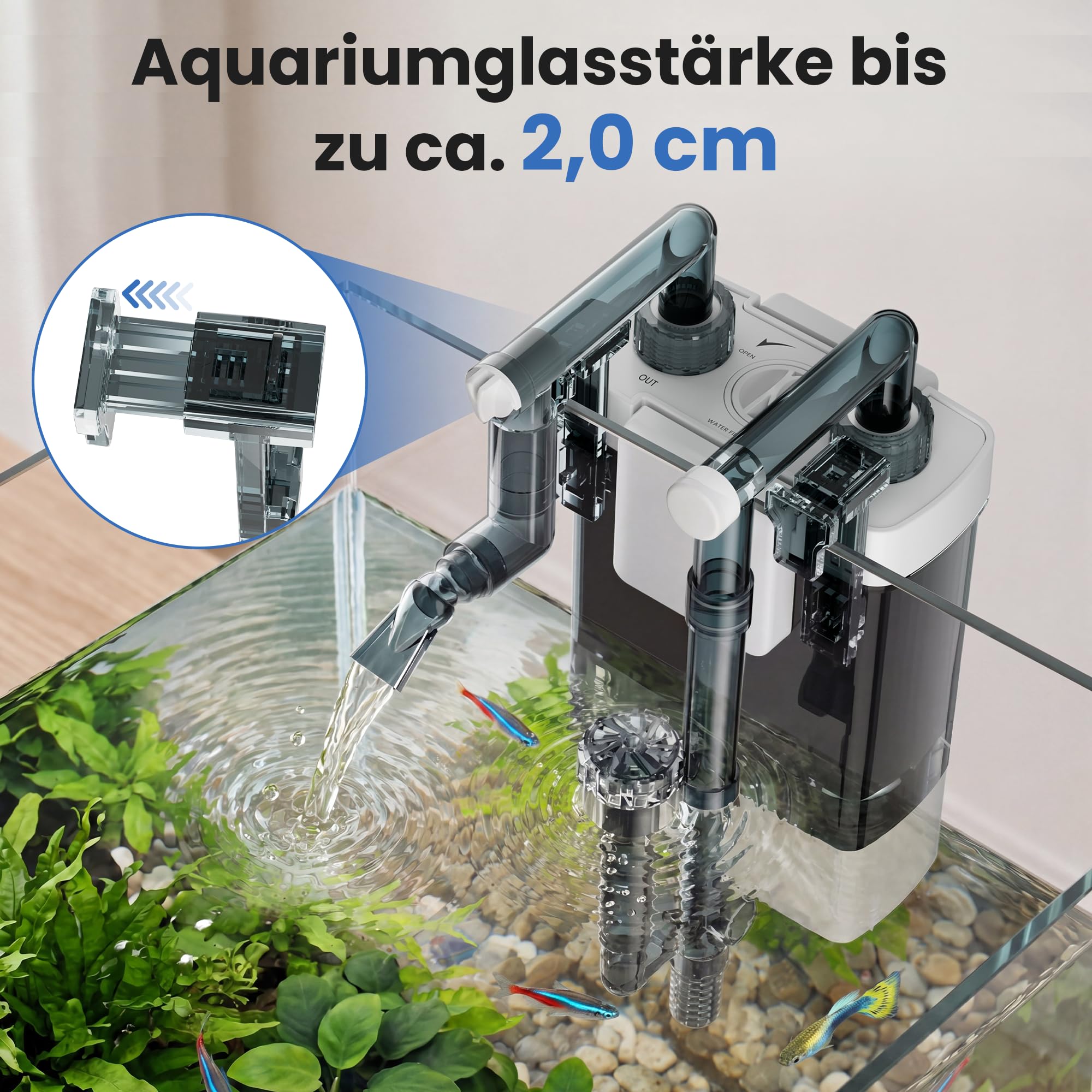 Filtre D’Aquarium Suspendu 500 L/H pour Aquariums De 38 à 76 litres | Filtre D’aquarium à Débit Réglable Avec Skimmer De Surface, Filtration En 3 étapes, Système Anti-Colmatage