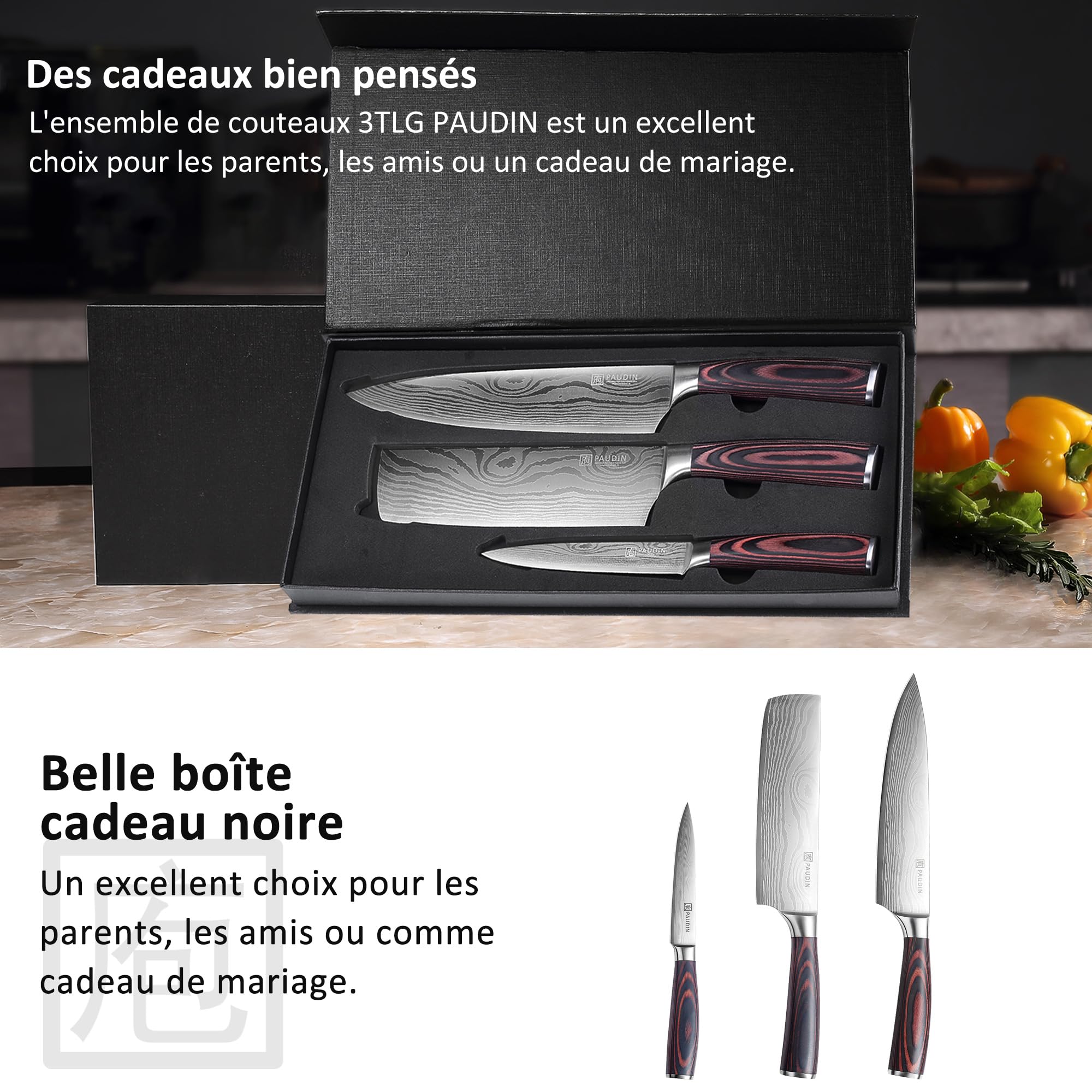 PAUDIN Couteau Cuisine Professionnel Acier Inoxydable Allemand 20cm 17cm 13cm