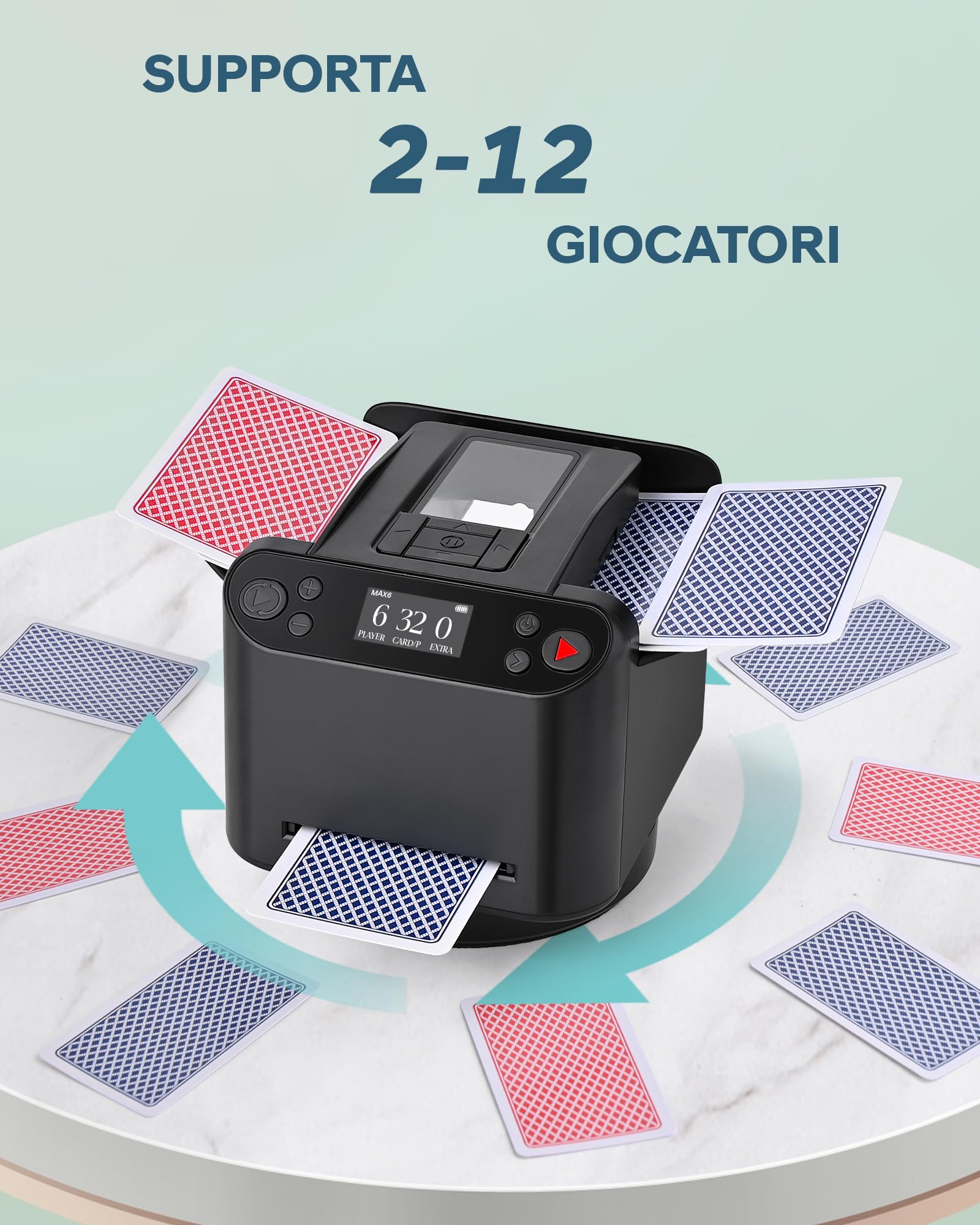 Mescolatore e Distributore Automatico di Carte – Rotazione 360° per 1–2 Mazzi, 2–12 Giocatori con 4 Telecomandi | Modalità di Gioco Integrate, Ricaricabile & Silenzioso per Poker, UNO, Phase 10 (Nero)