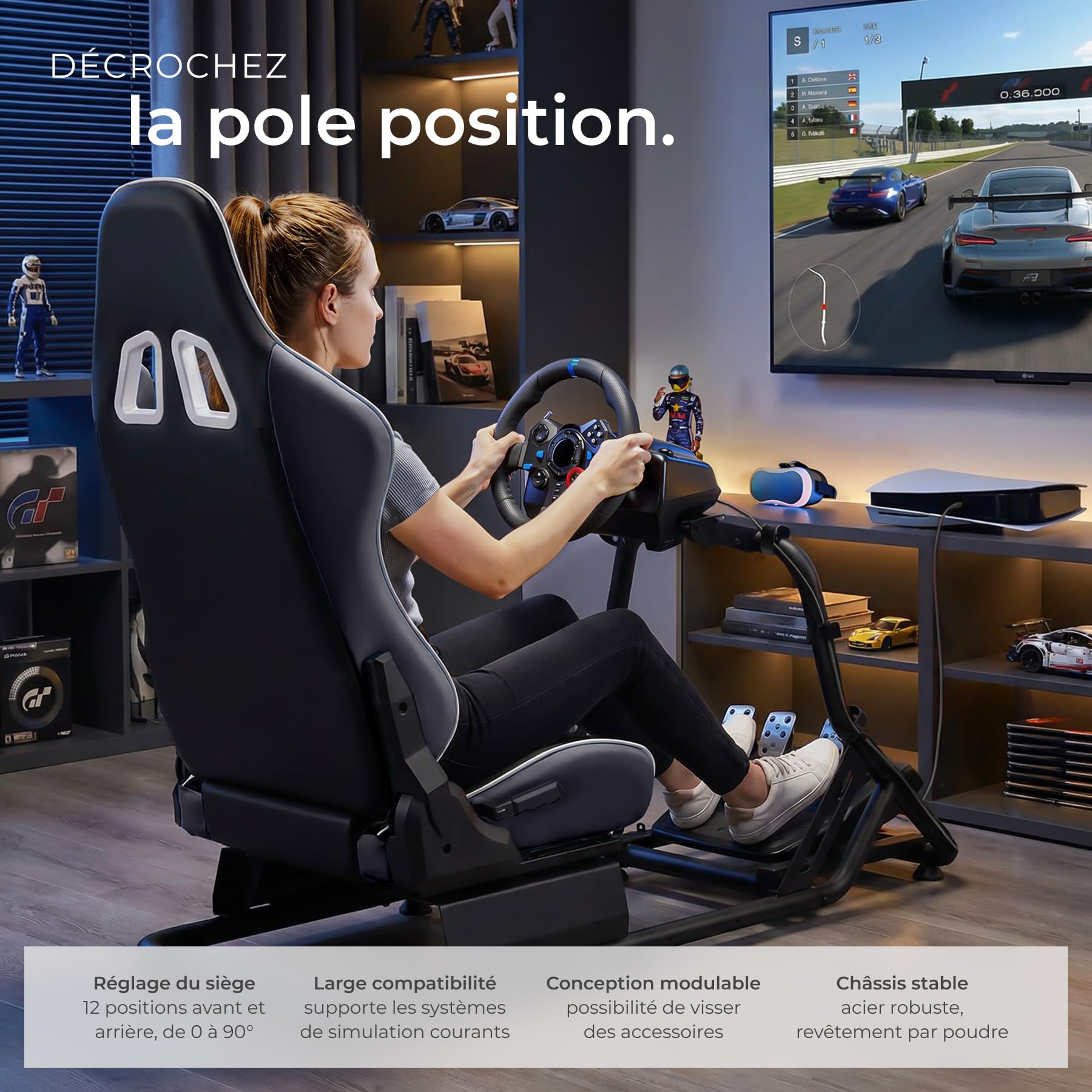 tectake® Fauteuil gaming Simulateur de conduite, 57x144x108,5 cm, Chaise Gaming baquet GT, Nombreux Réglages, Support Volant et Pédalier, Cockpit Simracing pour Volant Logitech, Thrustmaster, Fanatec